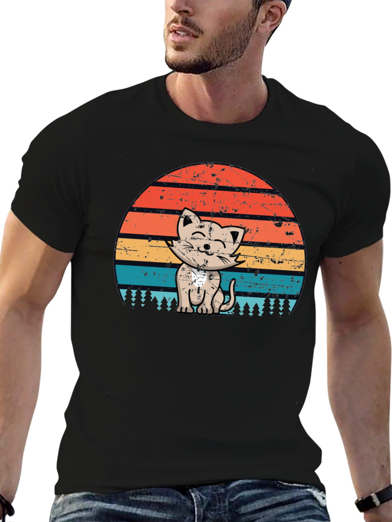 Retro Cat Sunset Graphic Tee - Black