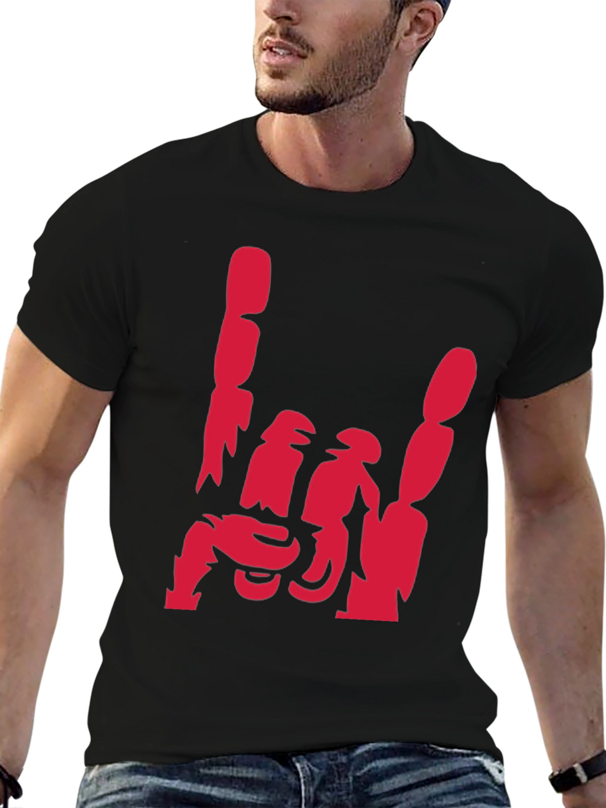 Rock On Hand Gesture Graphic Tee - Black