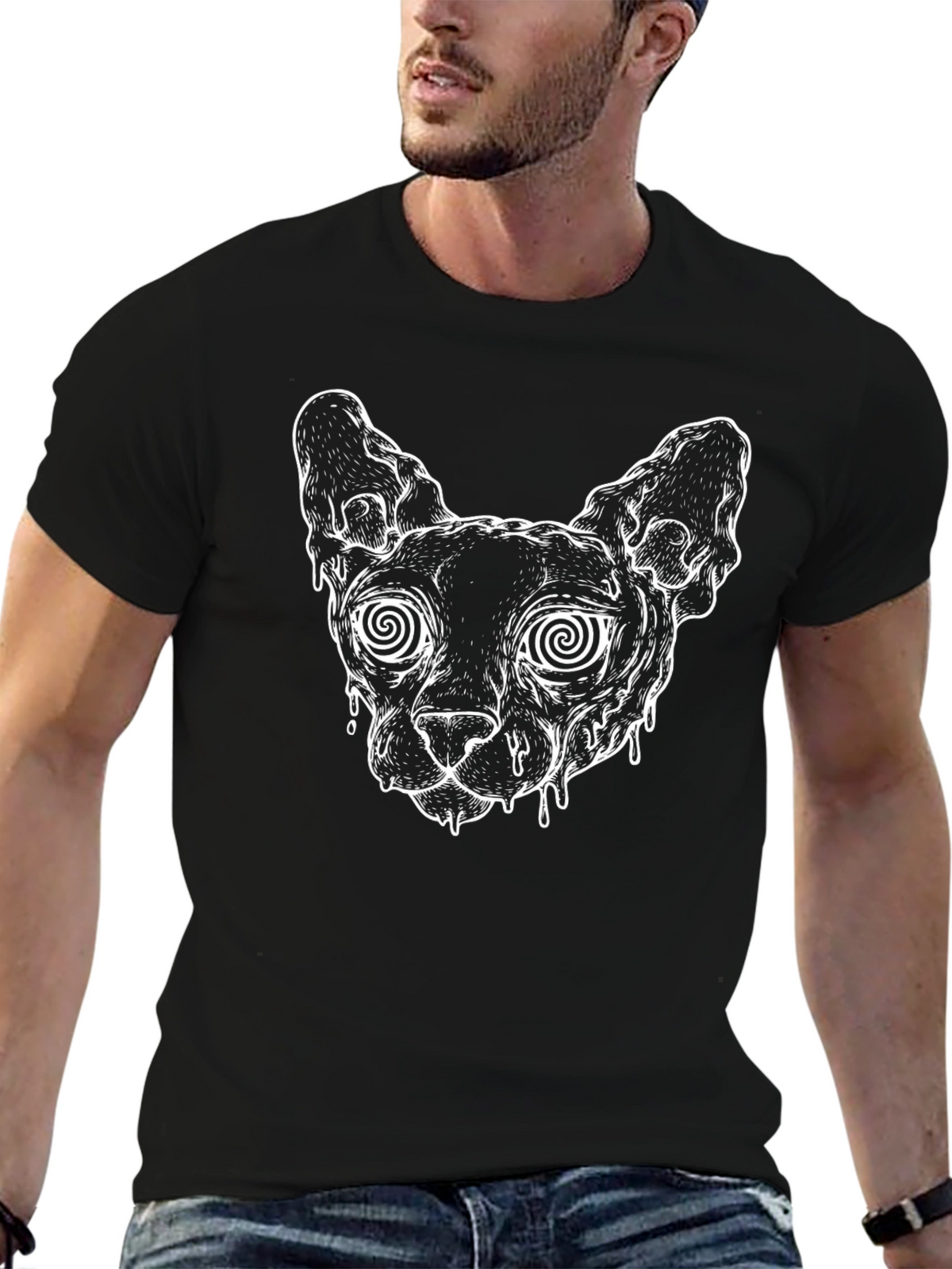 Hypnotic Cat Graphic Tee - Black Cotton T-Shirt