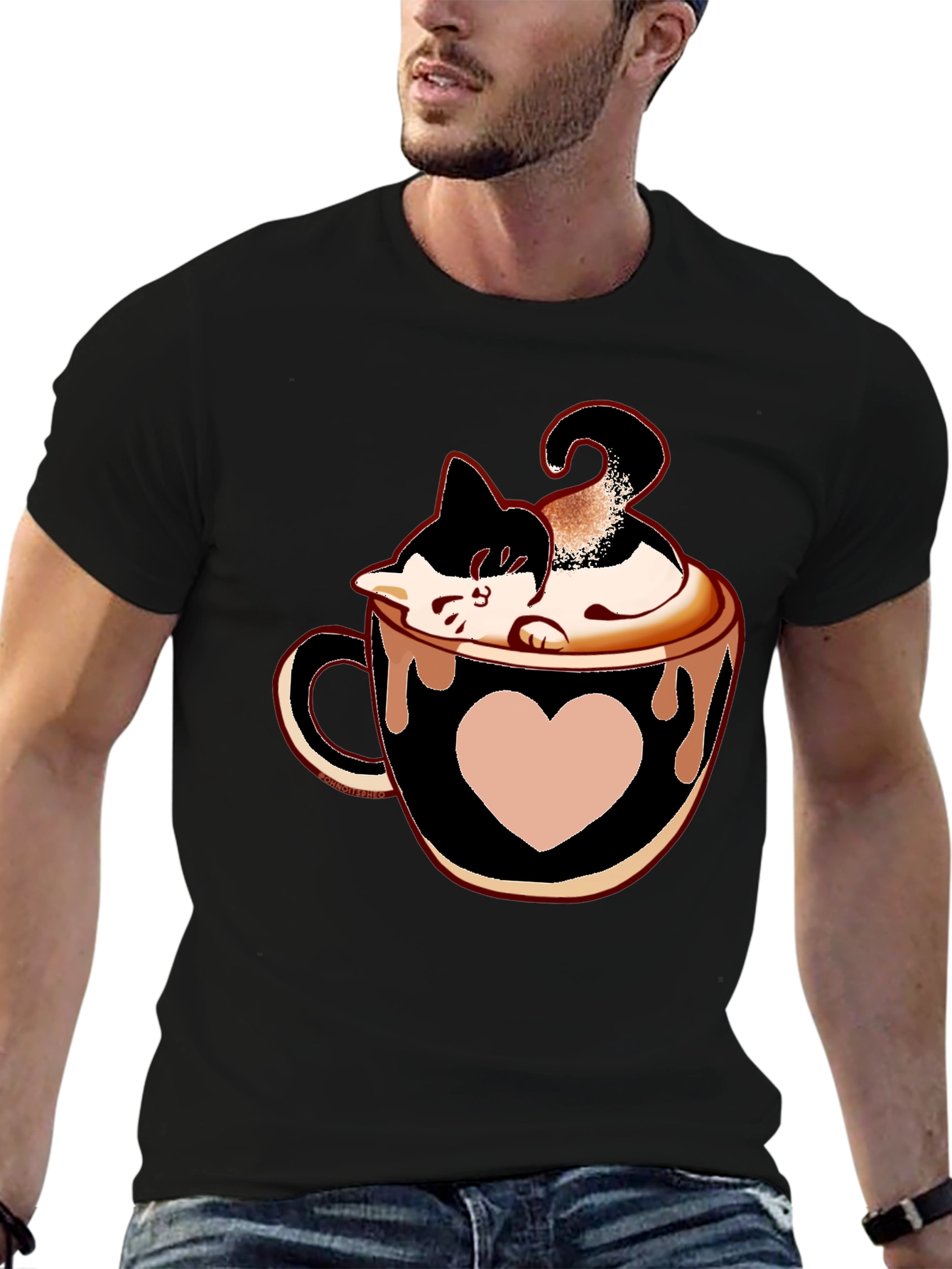 Cat In Cup T-Shirt - Black Tee