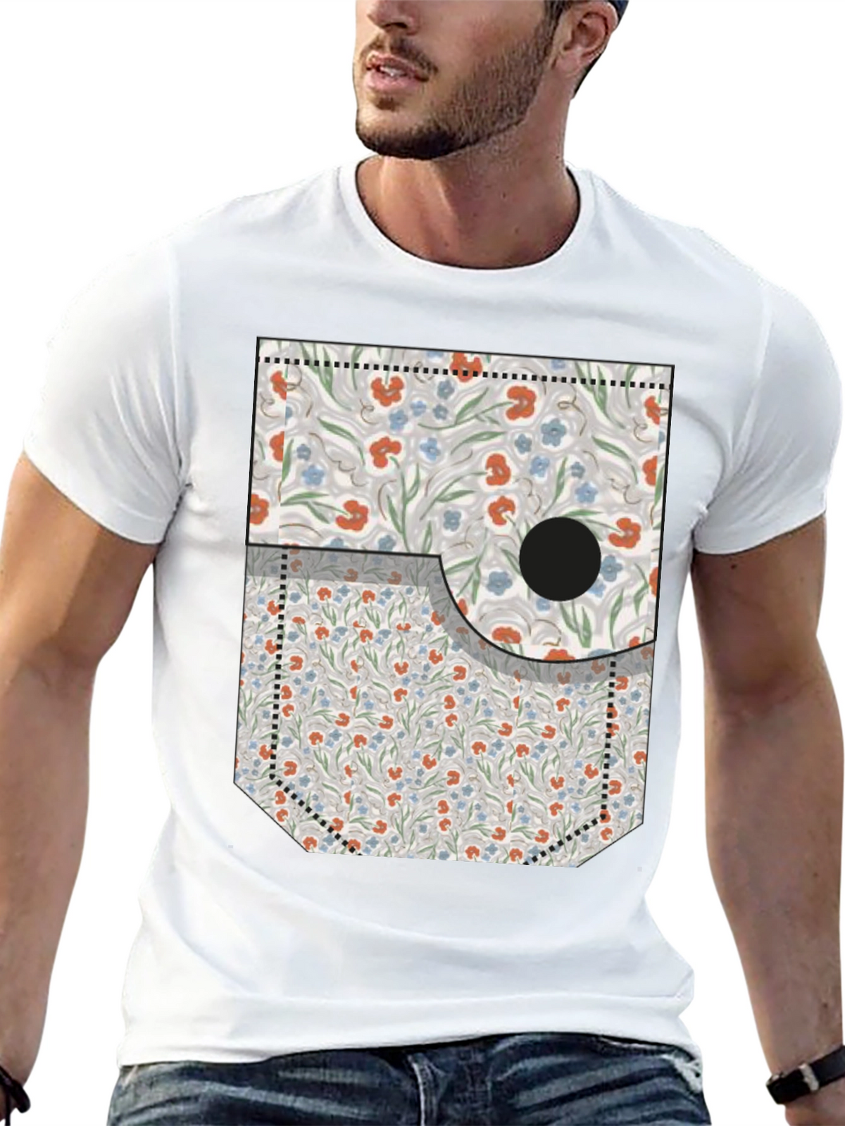 Floral Pocket Print Tee - Novelty Graphic T-Shirt