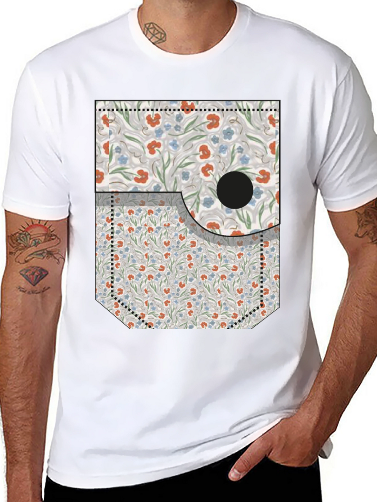 Floral Pocket Print Tee - Novelty Graphic T-Shirt