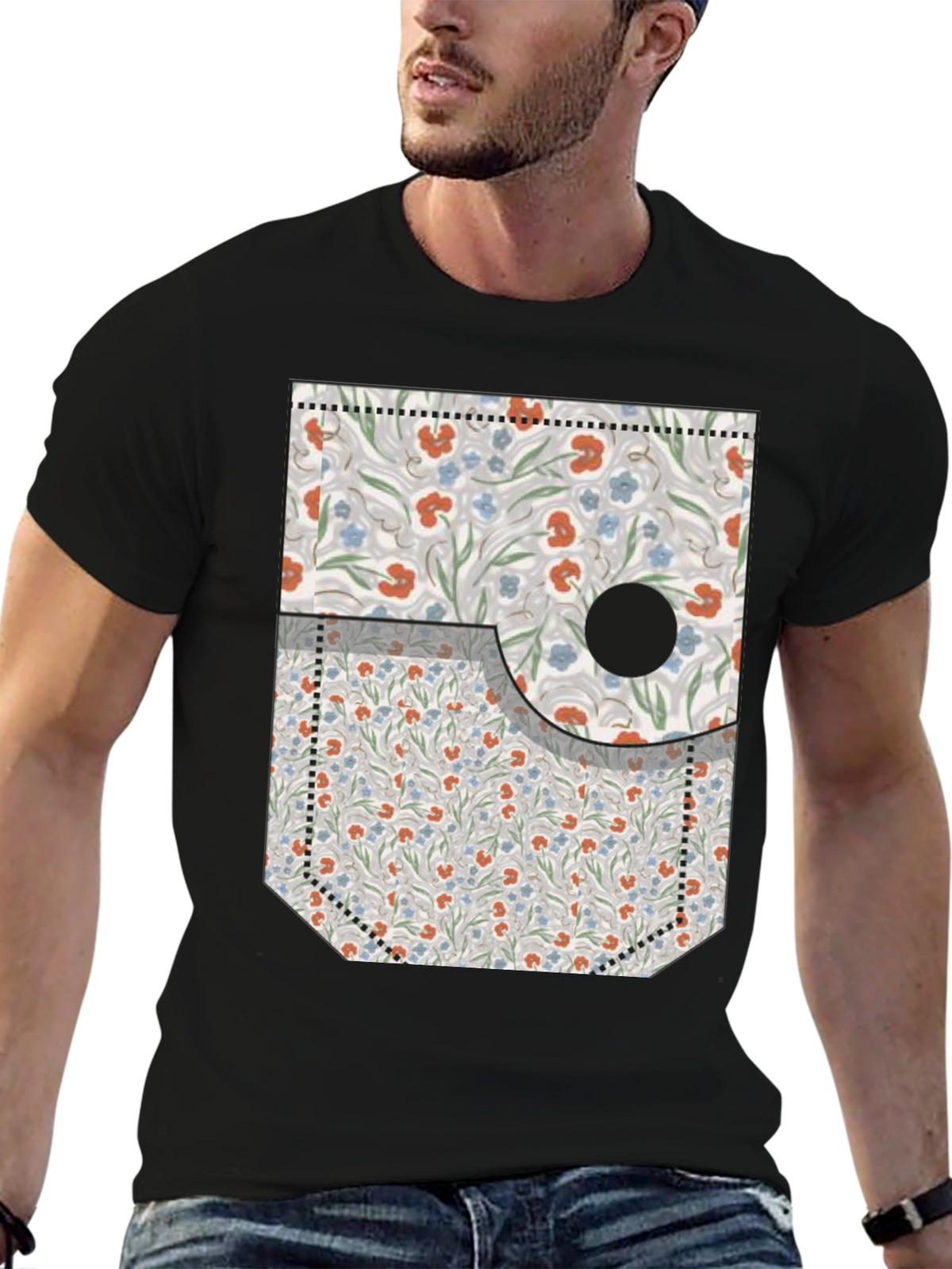 Floral Pocket Print Tee - Novelty Graphic T-Shirt