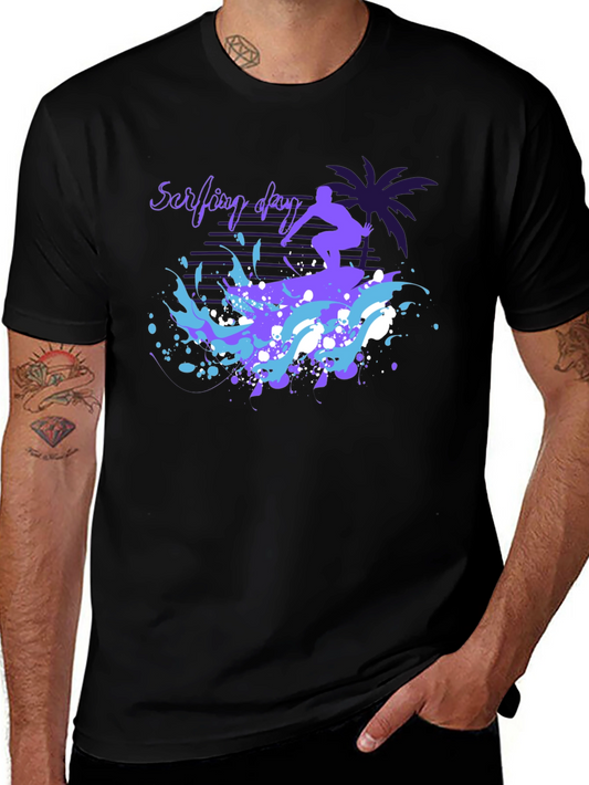 Surfing Day Graphic Tee - Black Cotton T-Shirt