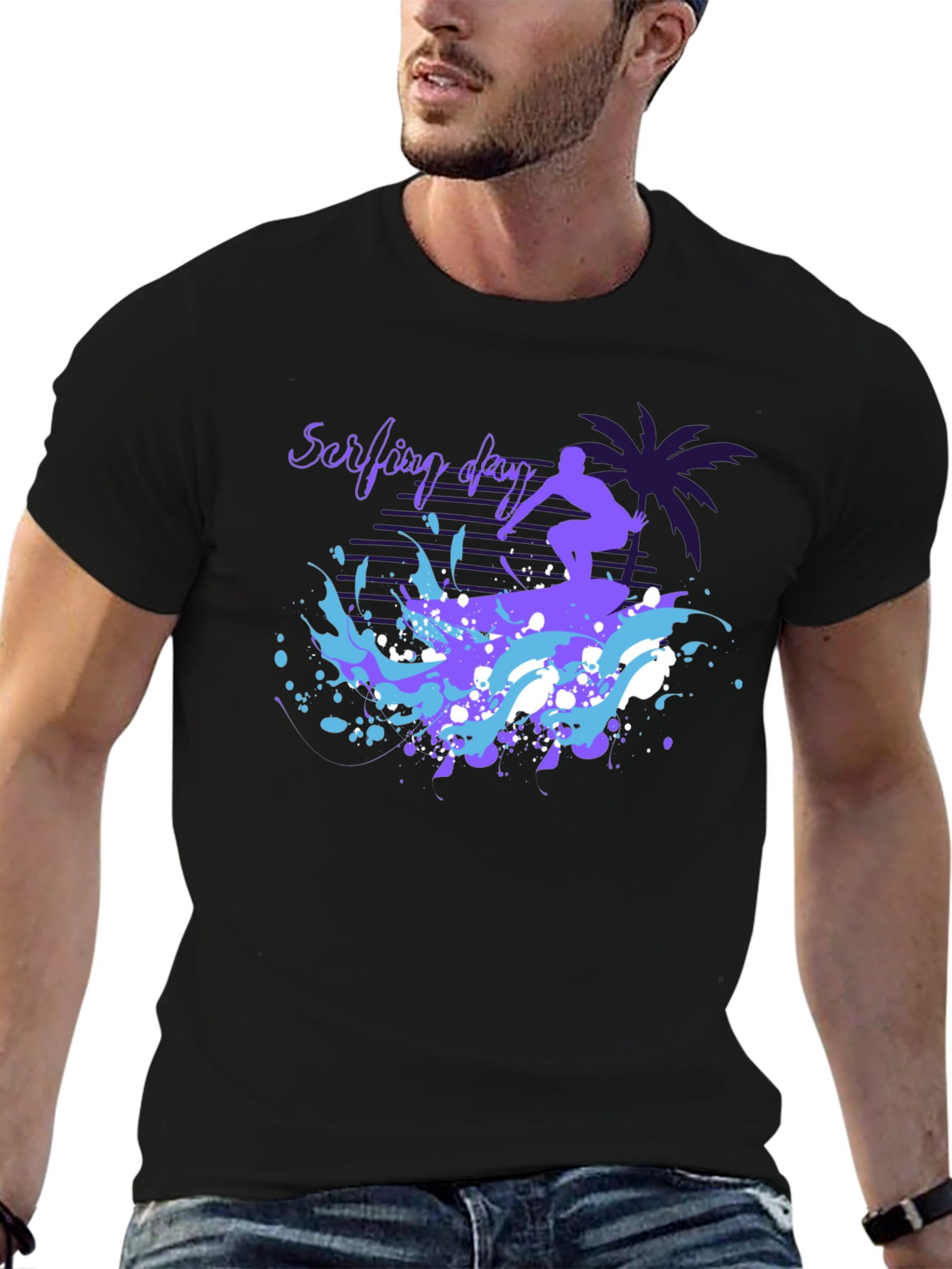 Surfing Day Graphic Tee - Black Cotton T-Shirt