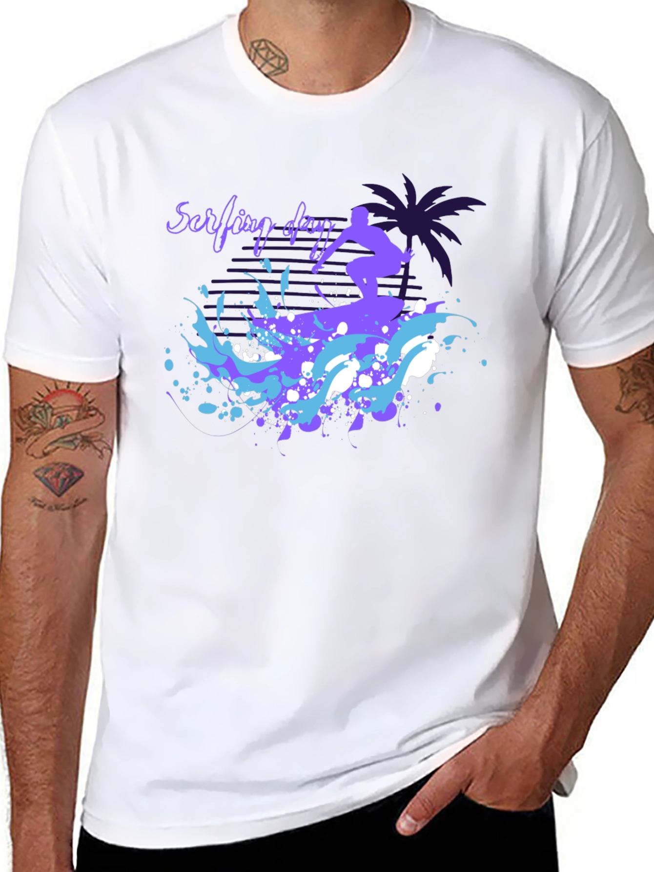 Surfing Day Graphic Tee - Black Cotton T-Shirt