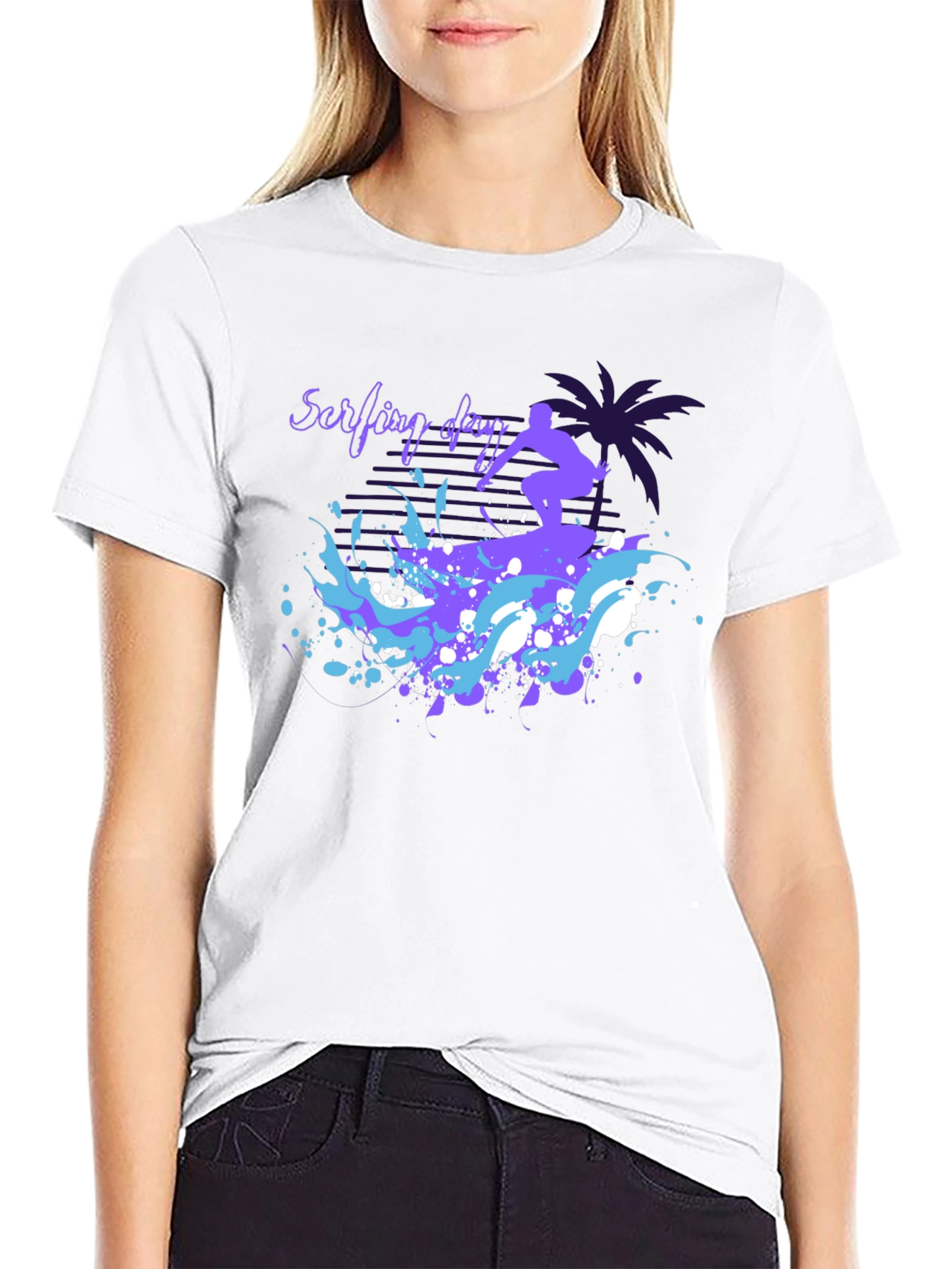 Surfing Day Graphic Tee - Black Cotton T-Shirt
