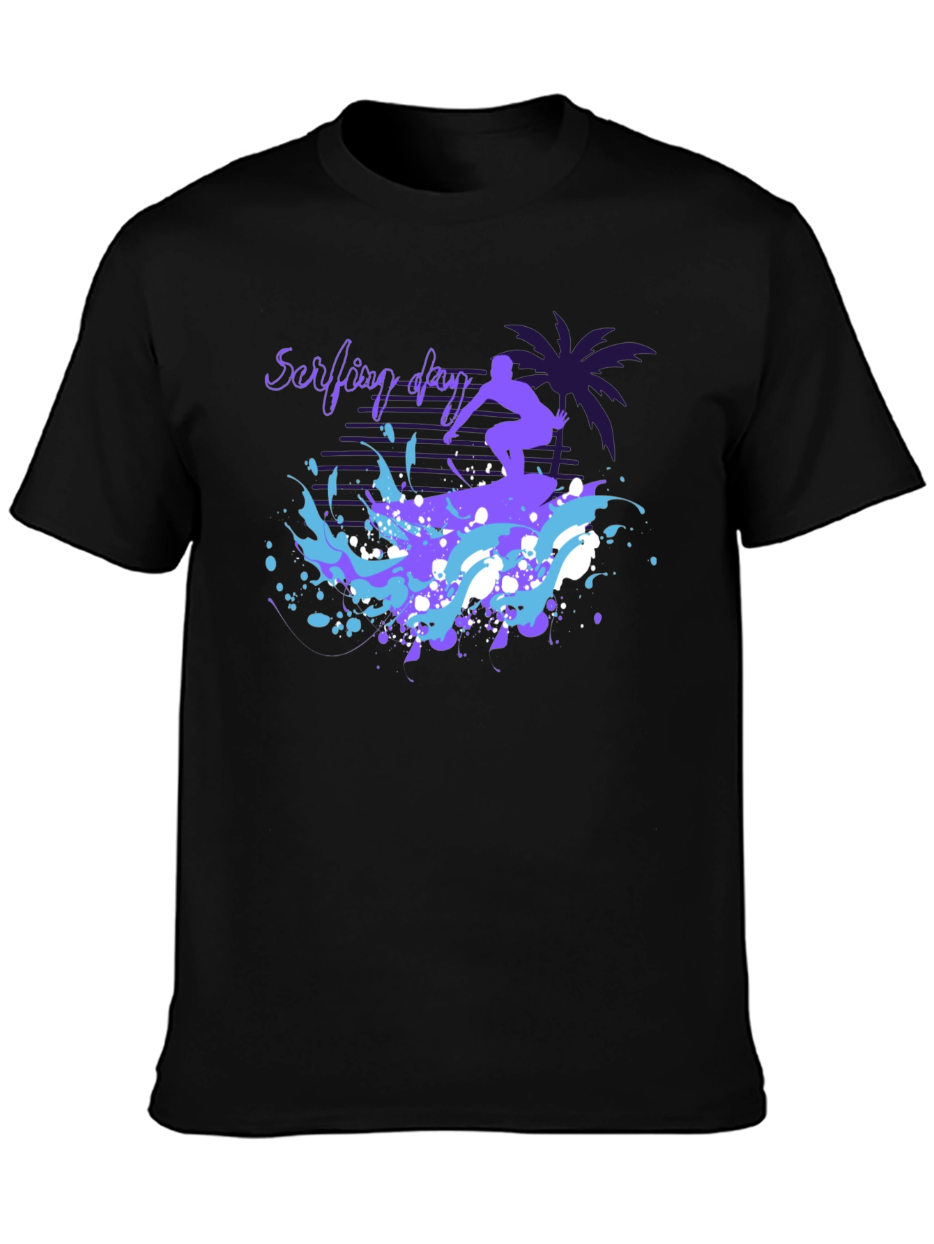 Surfing Day Graphic Tee - Black Cotton T-Shirt