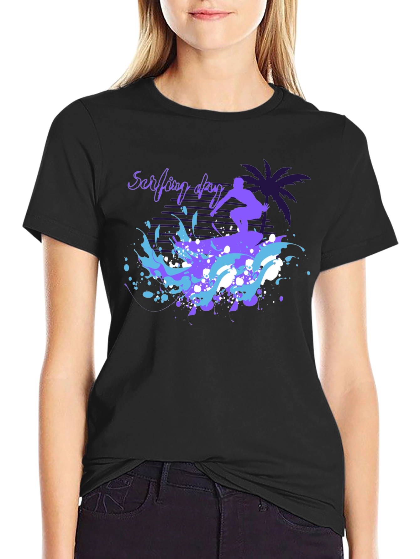 Surfing Day Graphic Tee - Black Cotton T-Shirt