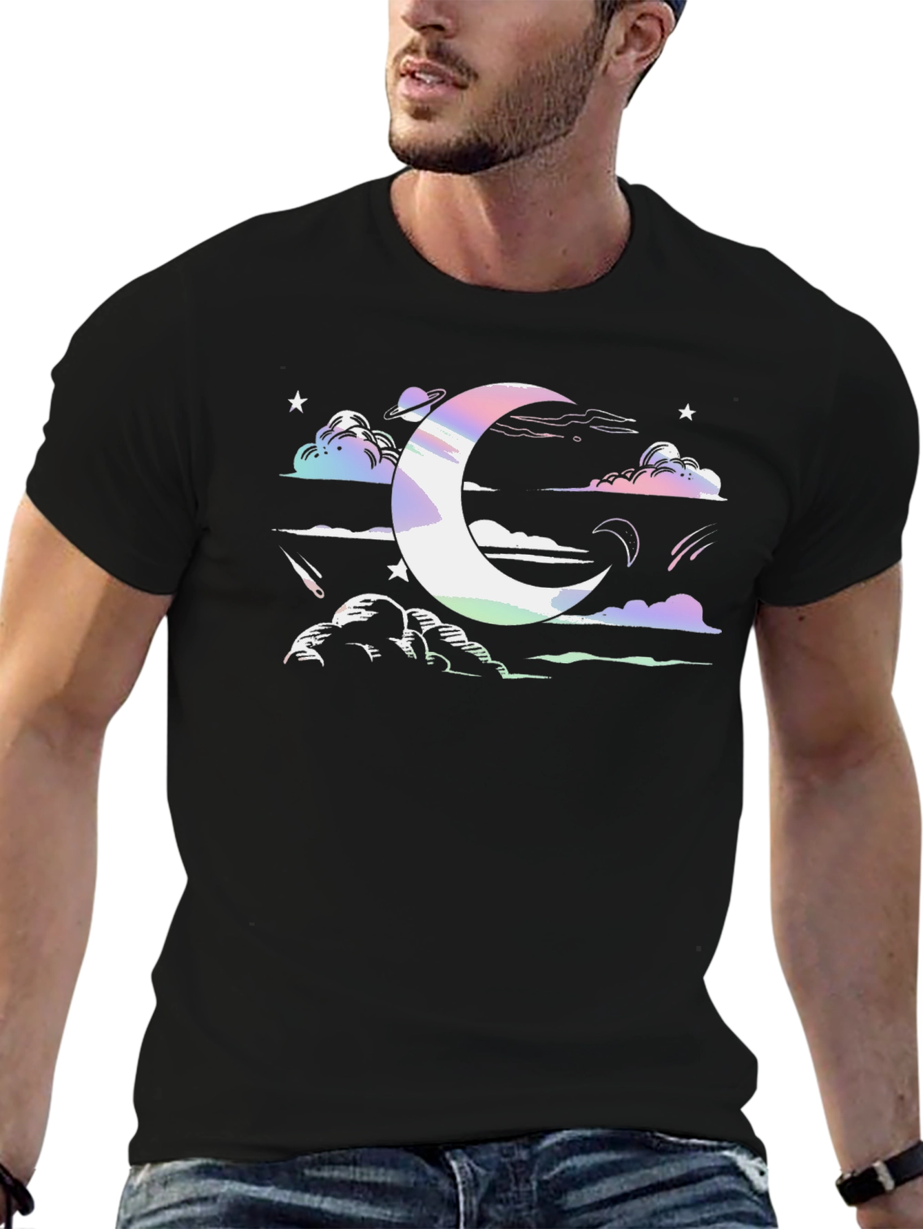 Cosmic Crescent Moon Black T-Shirt