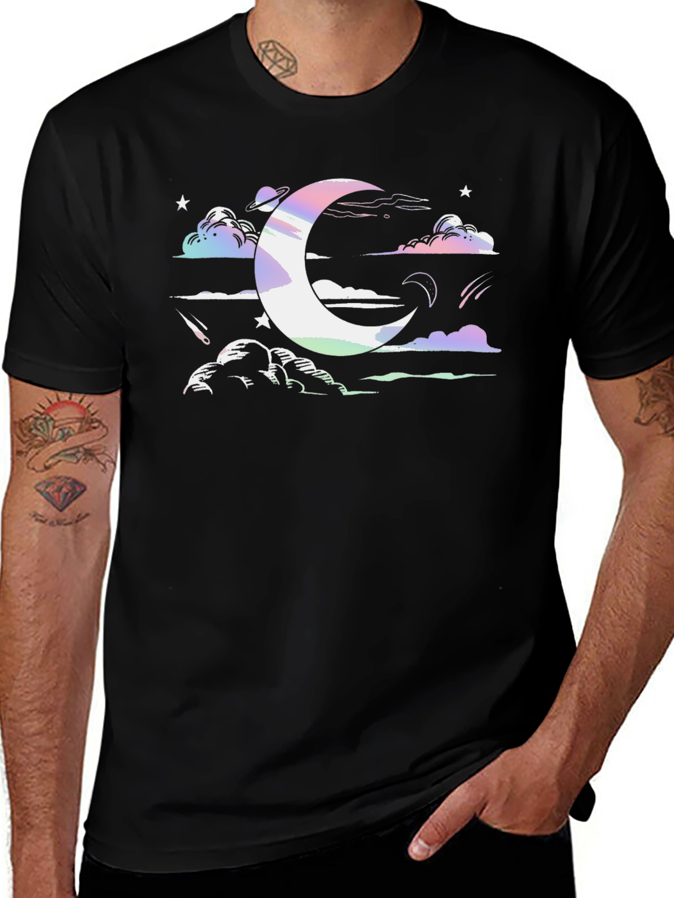 Cosmic Crescent Moon Black T-Shirt