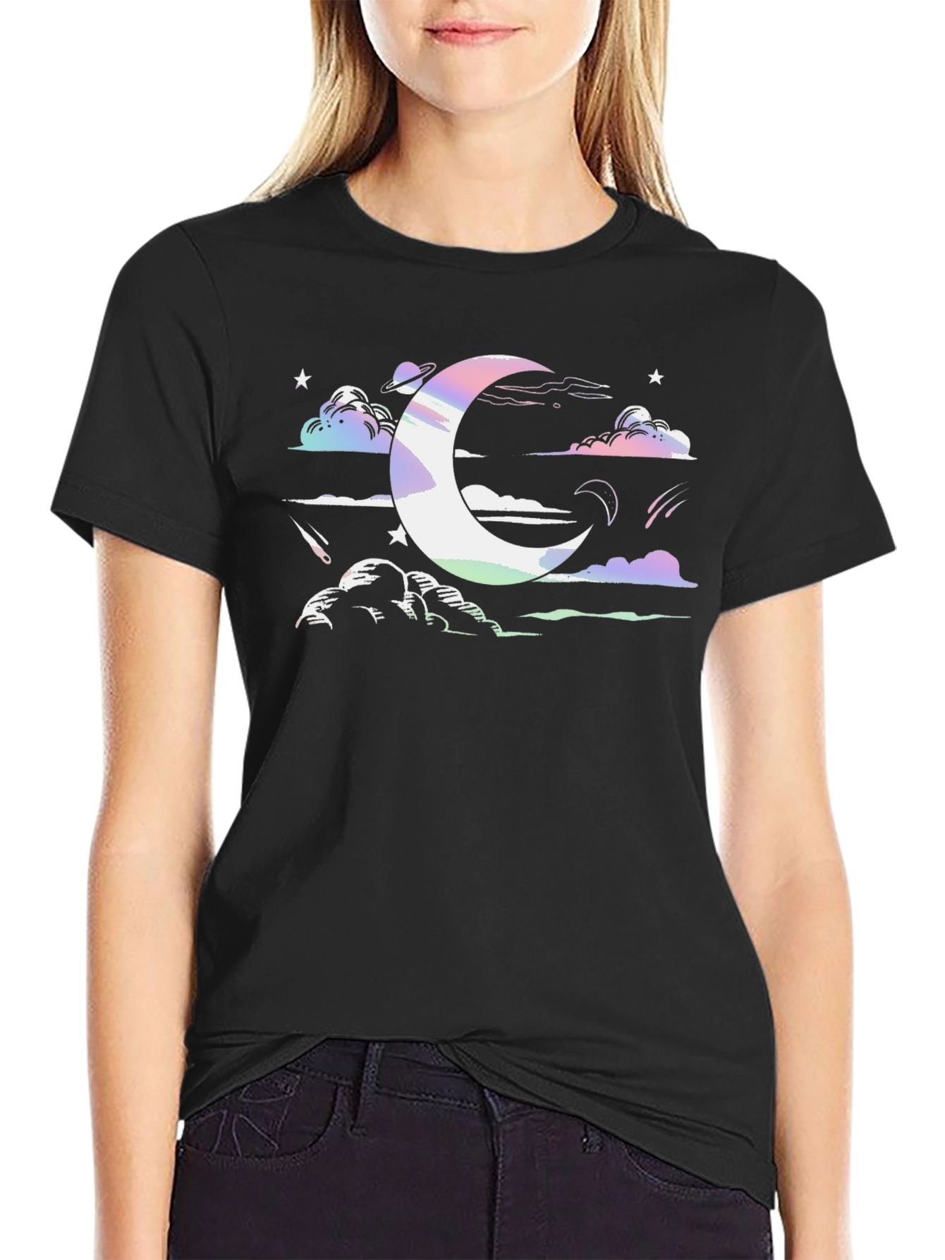 Cosmic Crescent Moon Black T-Shirt