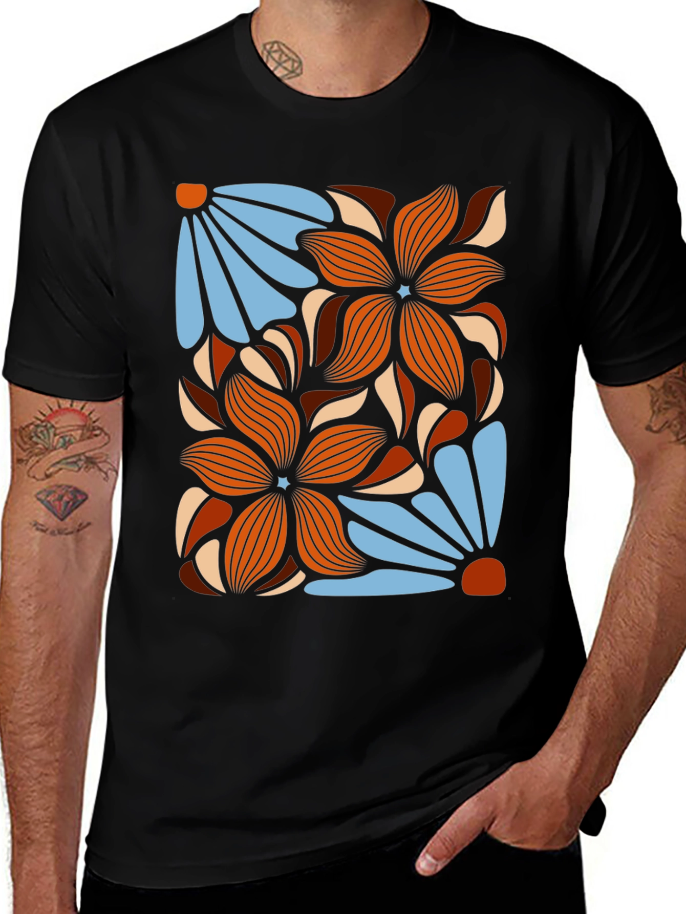 Retro Floral Graphic T-Shirt - Black Cotton Tee