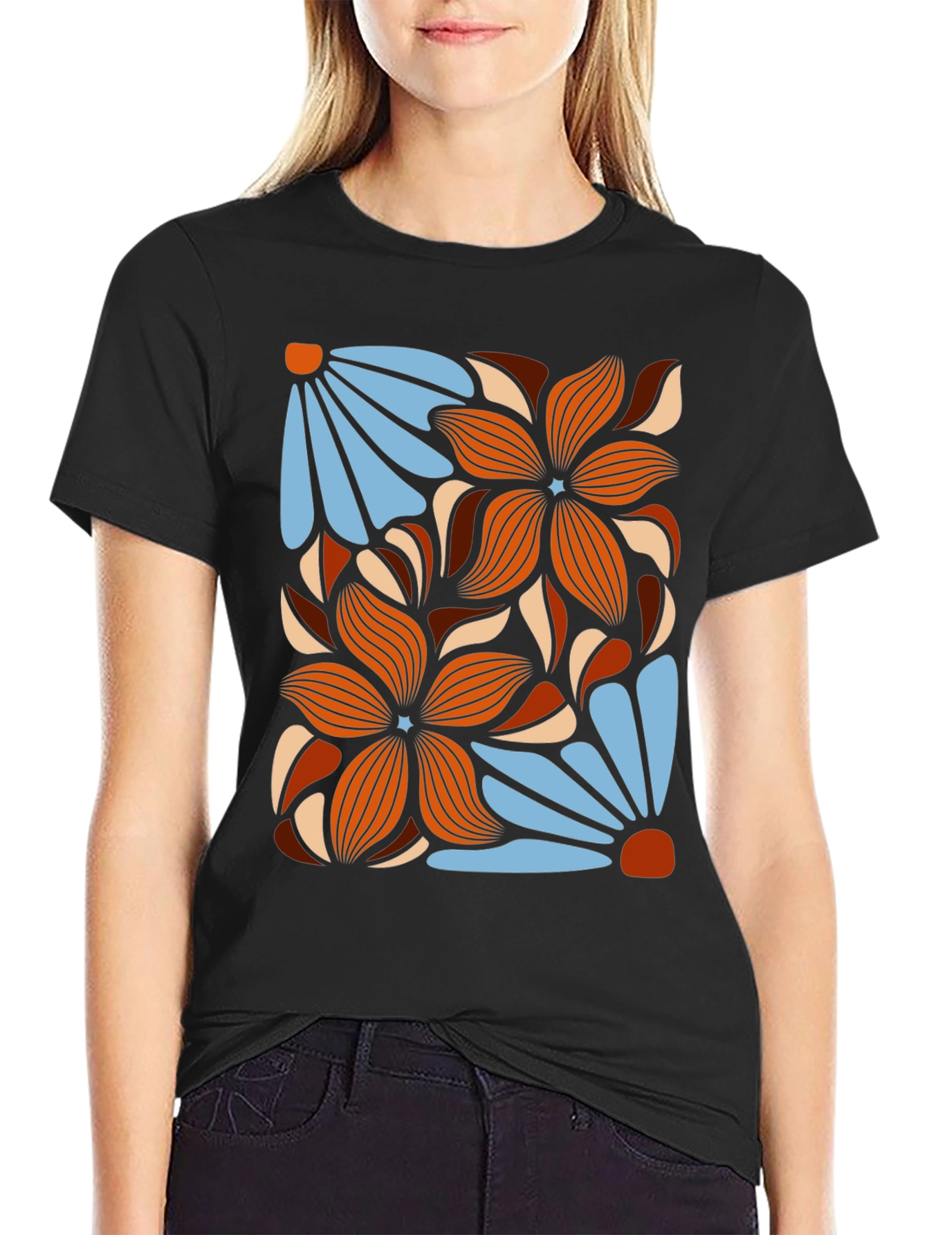 Retro Floral Graphic T-Shirt - Black Cotton Tee