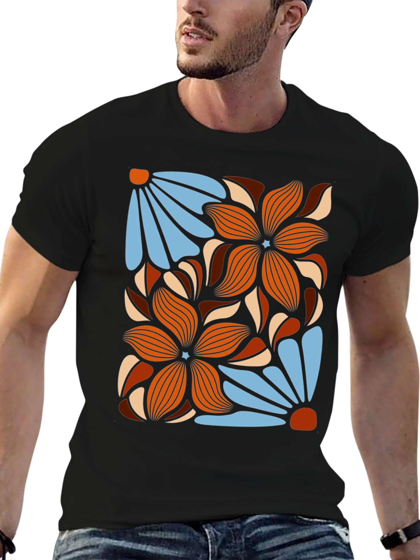 Retro Floral Graphic T-Shirt - Black Cotton Tee