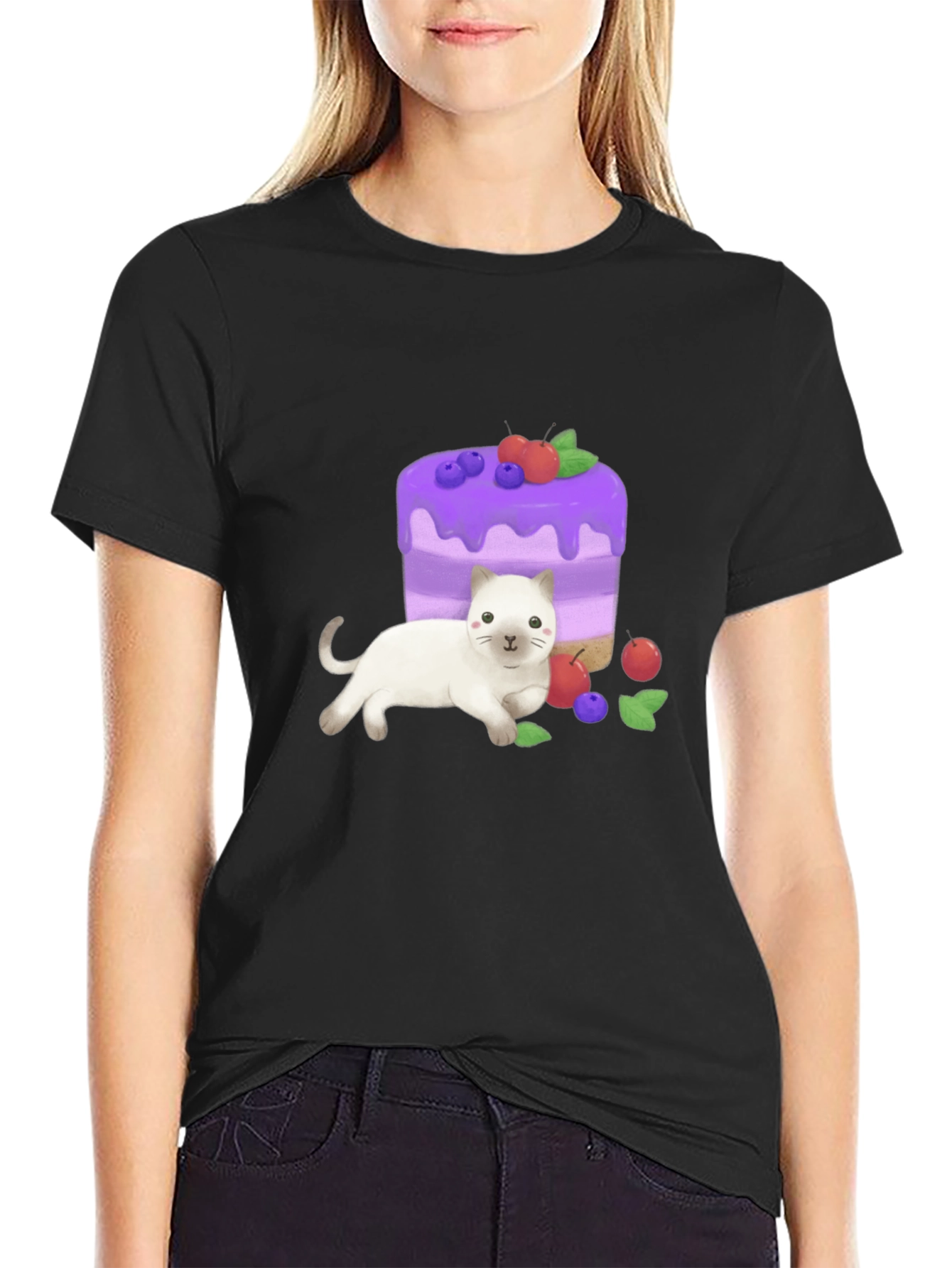 Cute Cat & Cake Graphic Tee - Unique Design