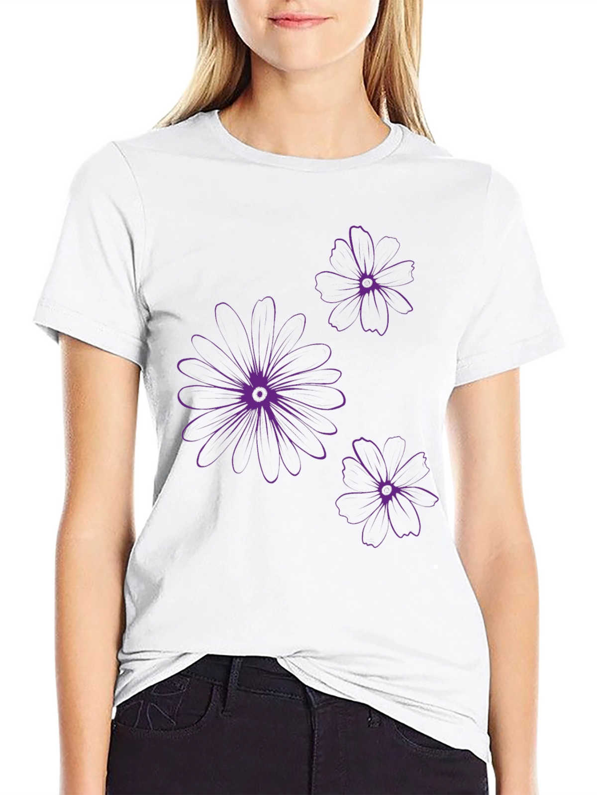 Black T-Shirt with Purple Floral Design