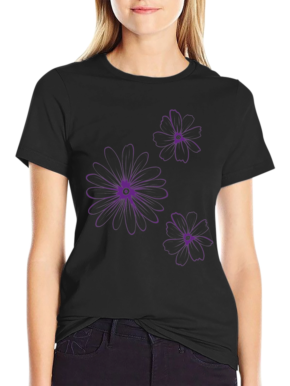Black T-Shirt with Purple Floral Design