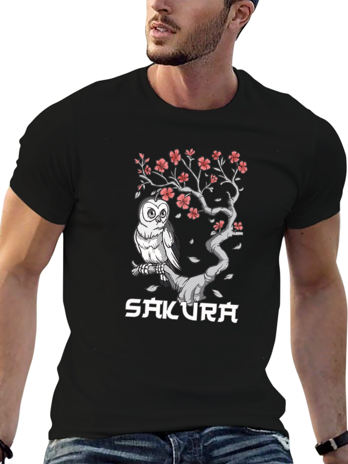 Sakura Owl Graphic Tee - Unisex Black T-Shirt