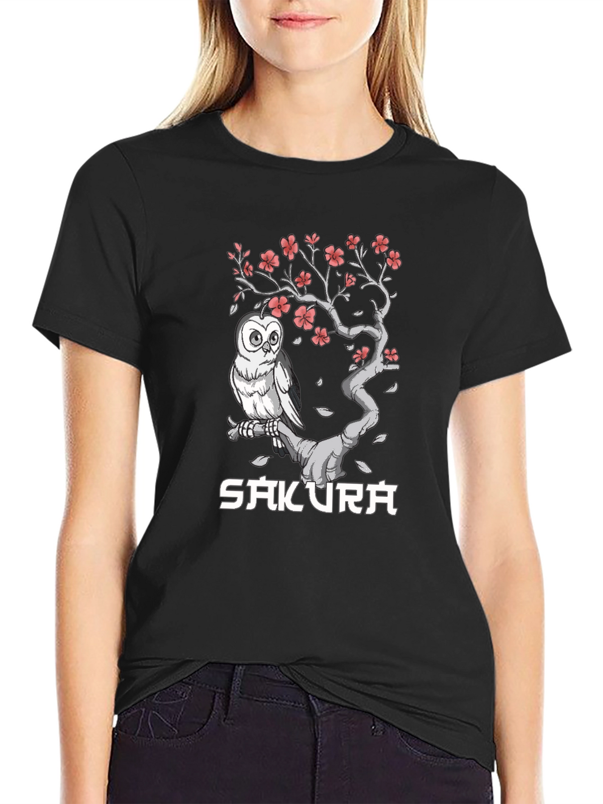 Sakura Owl Graphic Tee - Unisex Black T-Shirt