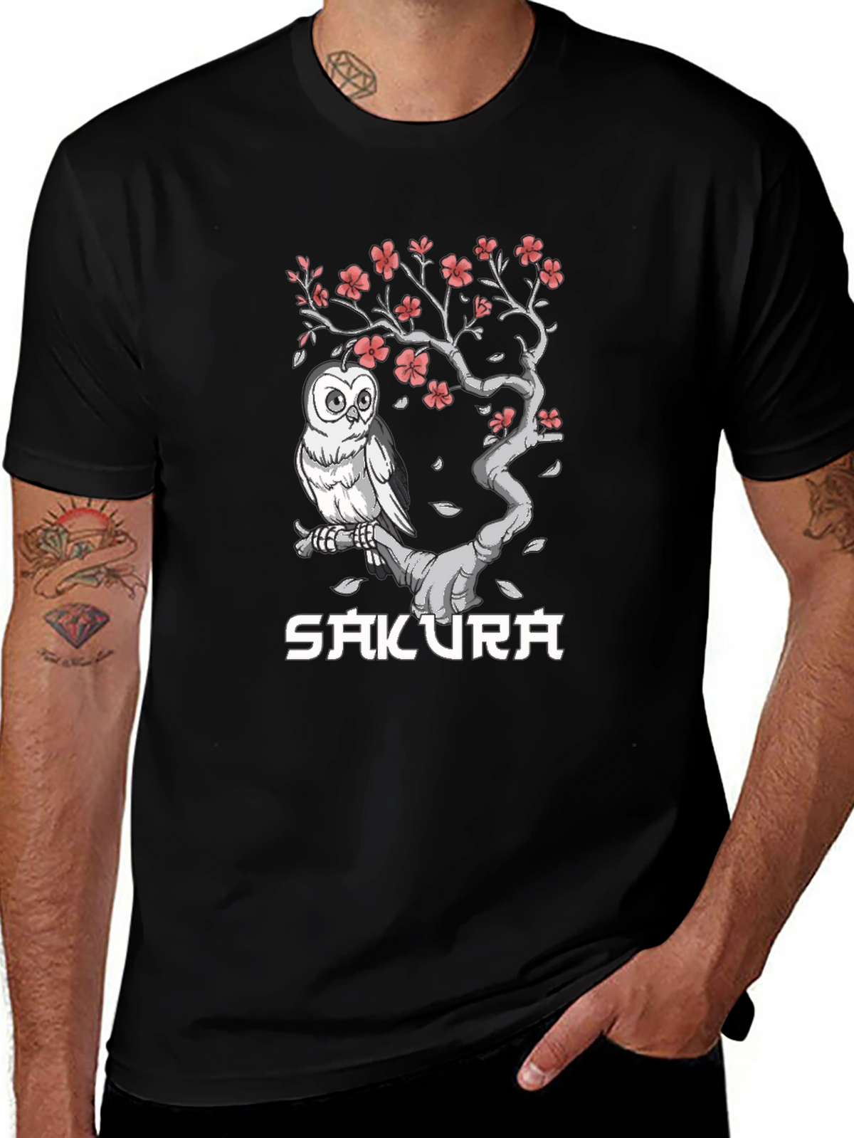 Sakura Owl Graphic Tee - Unisex Black T-Shirt
