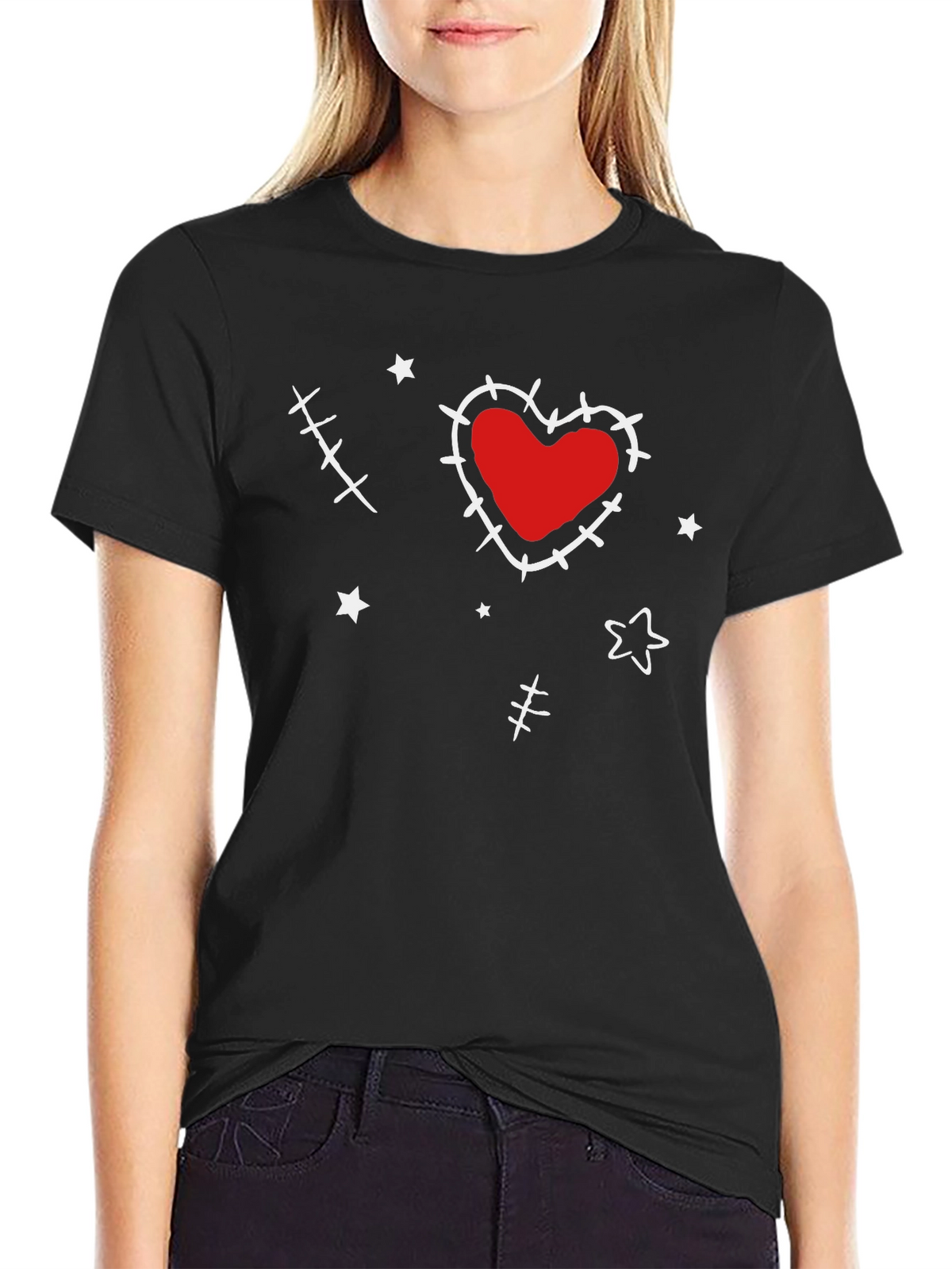 Heart Stitch Graphic Tee - Black