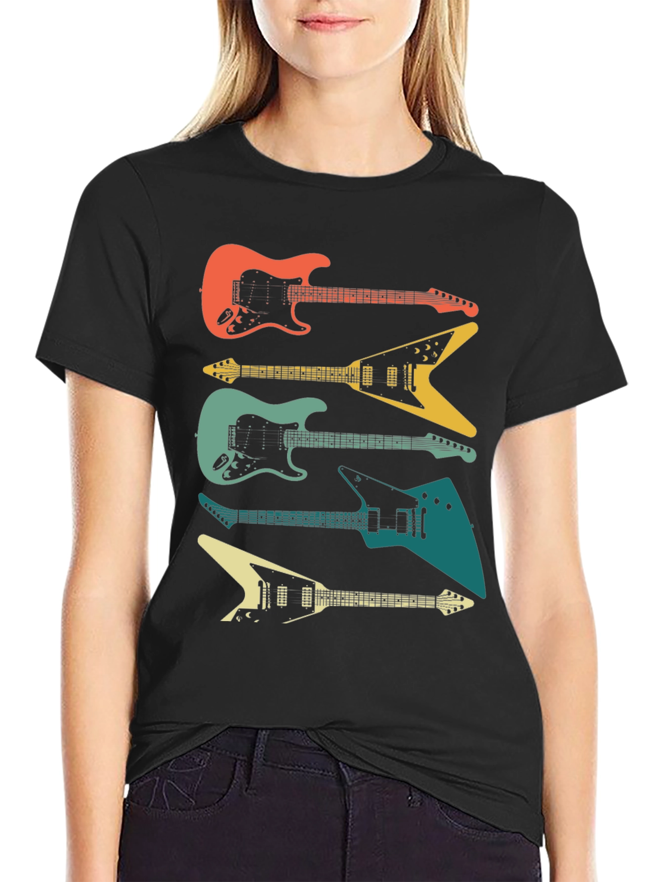 Retro Guitar Stack Graphic Tee - Black Cotton