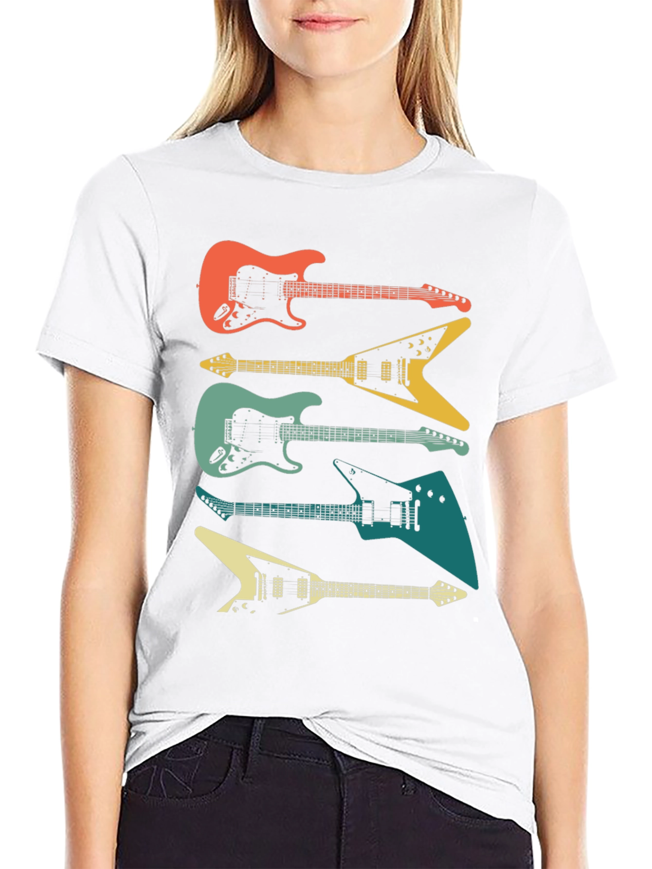 Retro Guitar Stack Graphic Tee - Black Cotton