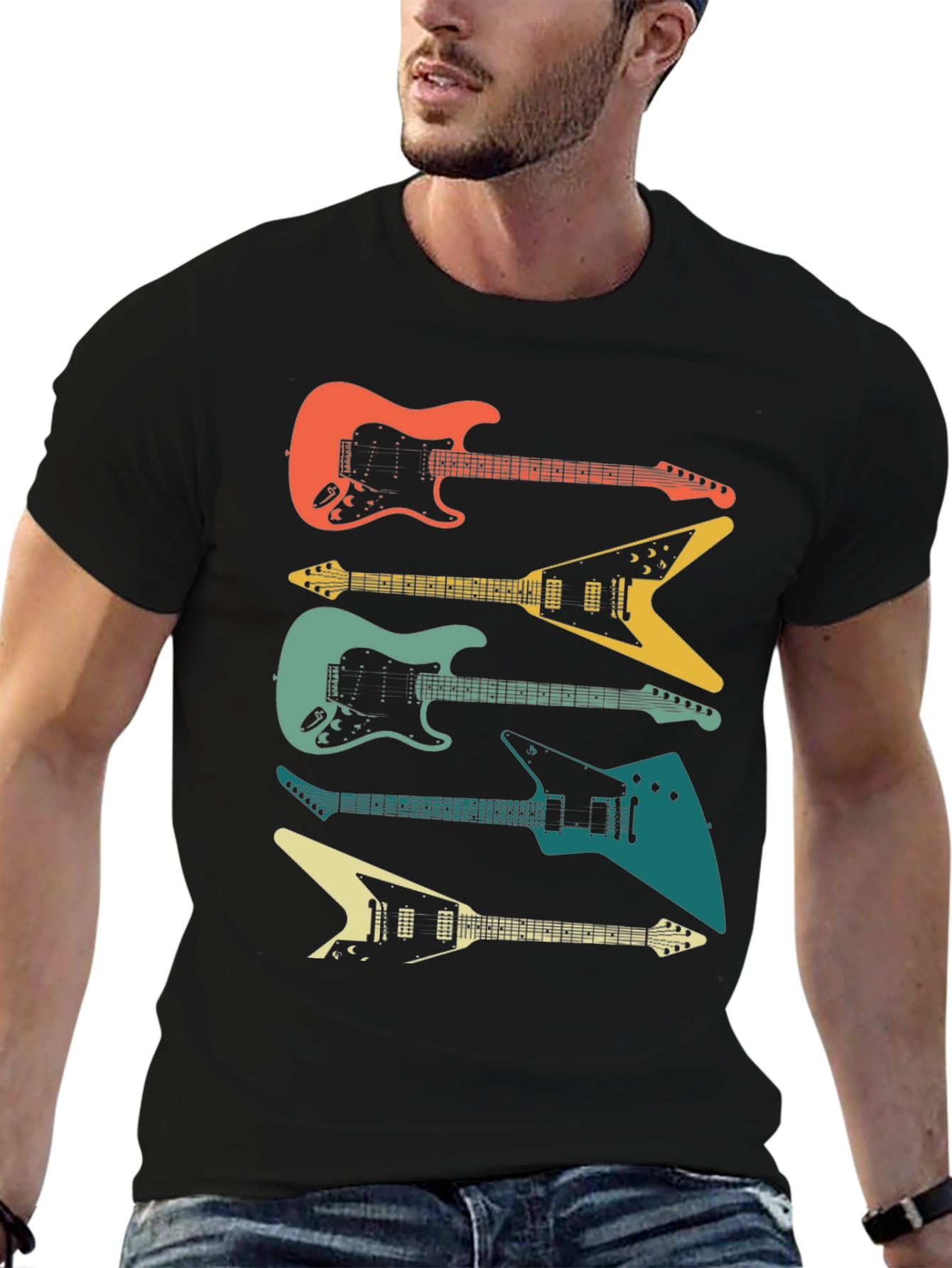 Retro Guitar Stack Graphic Tee - Black Cotton