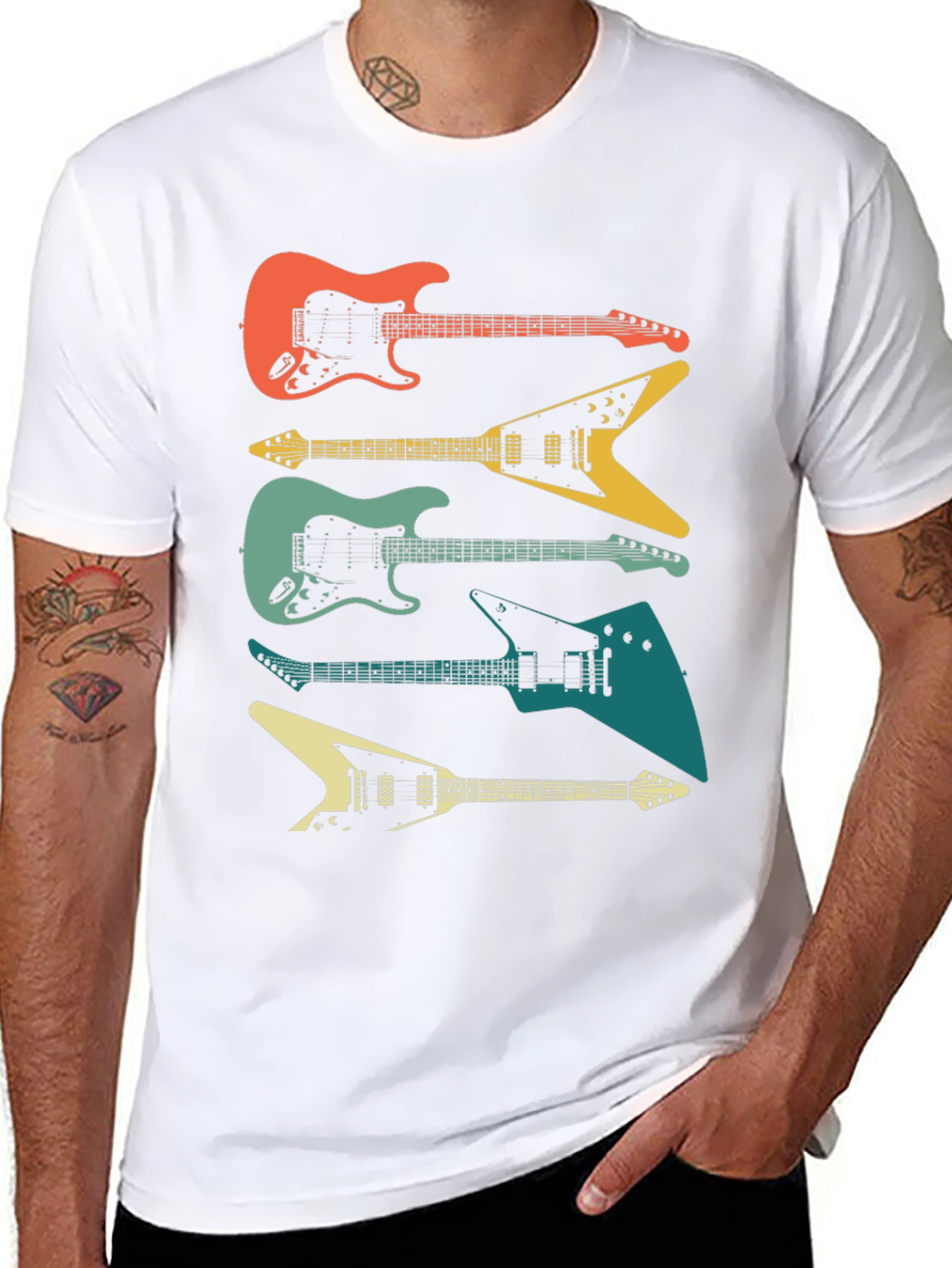 Retro Guitar Stack Graphic Tee - Black Cotton
