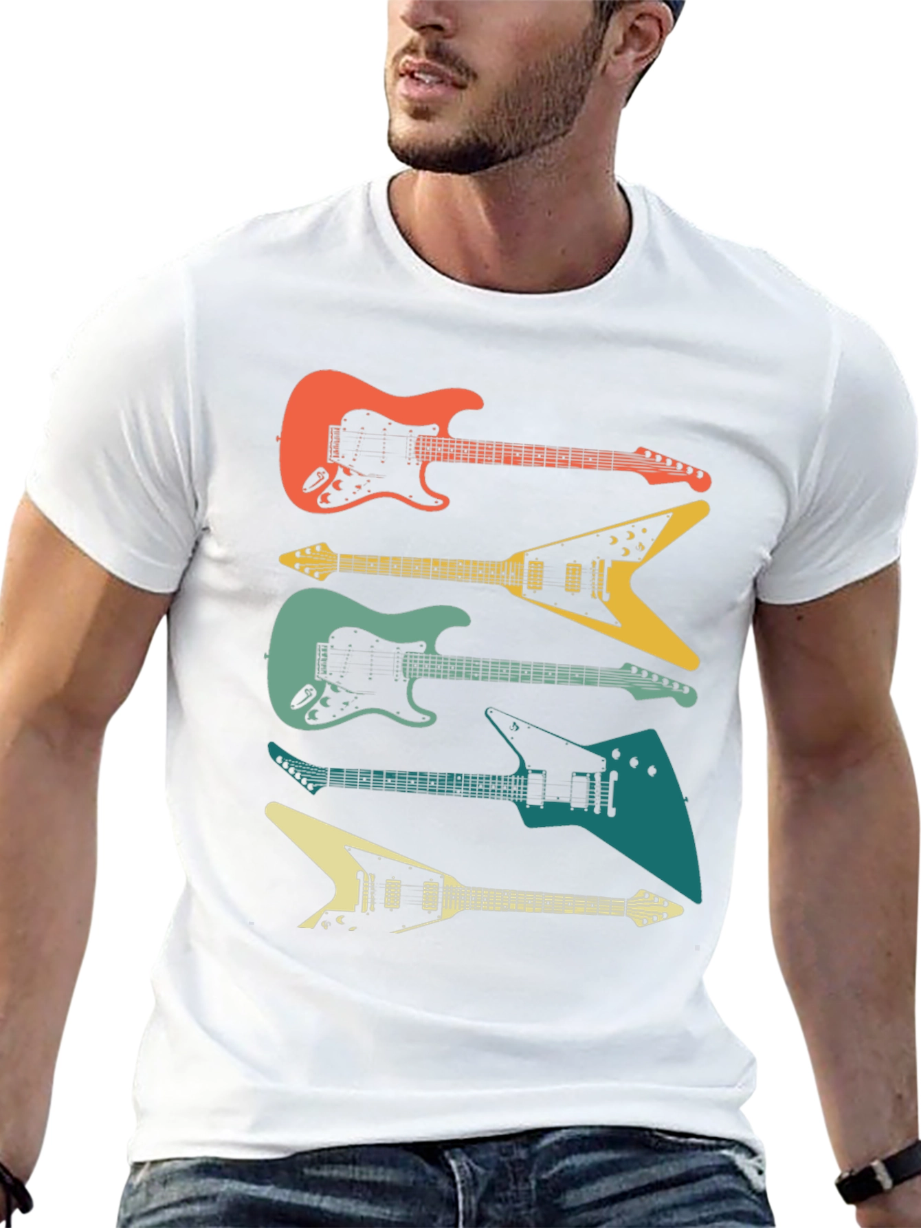 Retro Guitar Stack Graphic Tee - Black Cotton