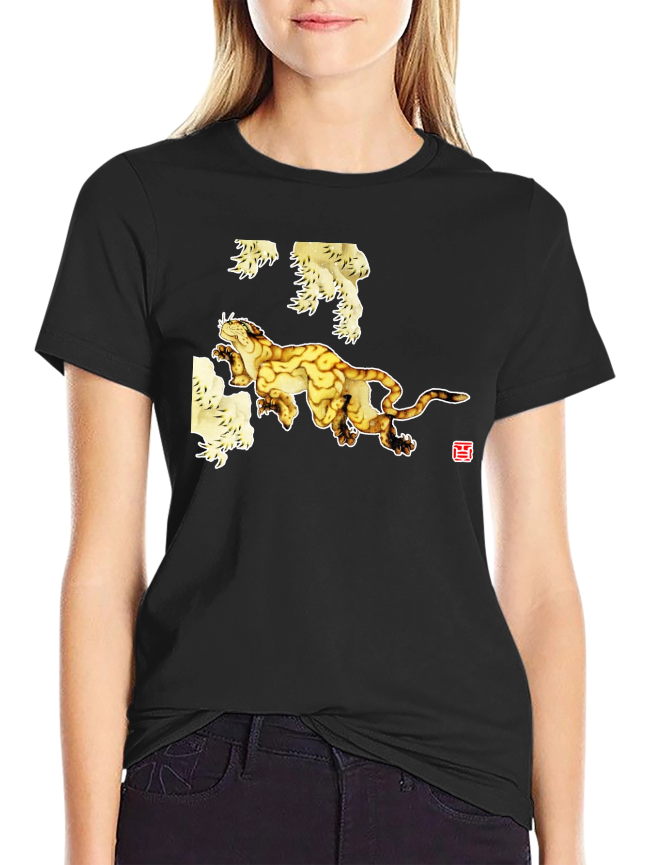 Black T-Shirt with Abstract Tiger Art