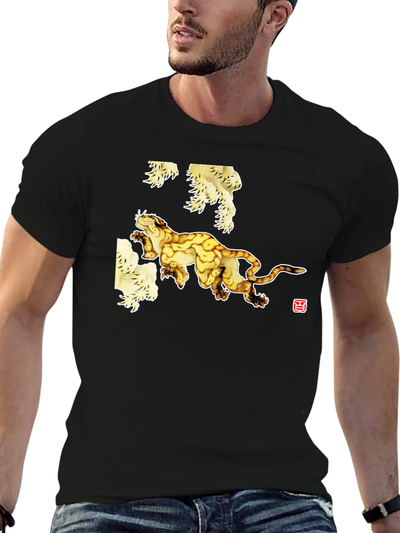 Black T-Shirt with Abstract Tiger Art