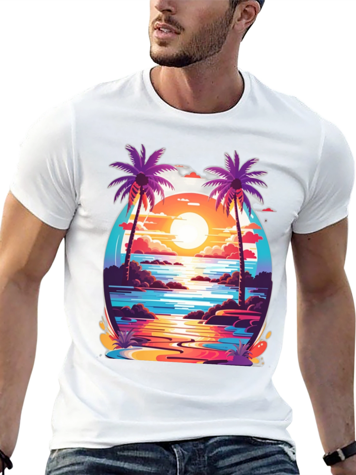 Sunset Palm Tree Graphic Tee - Tropical Vibe