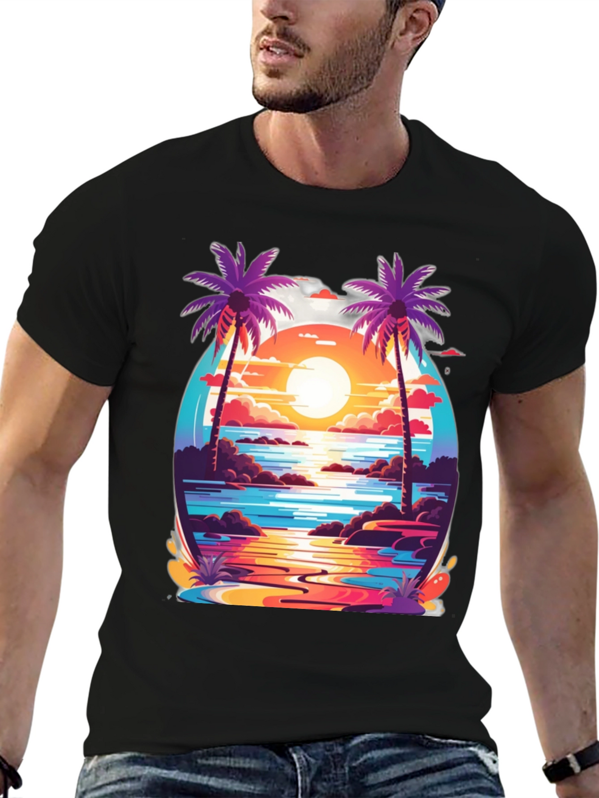 Sunset Palm Tree Graphic Tee - Tropical Vibe