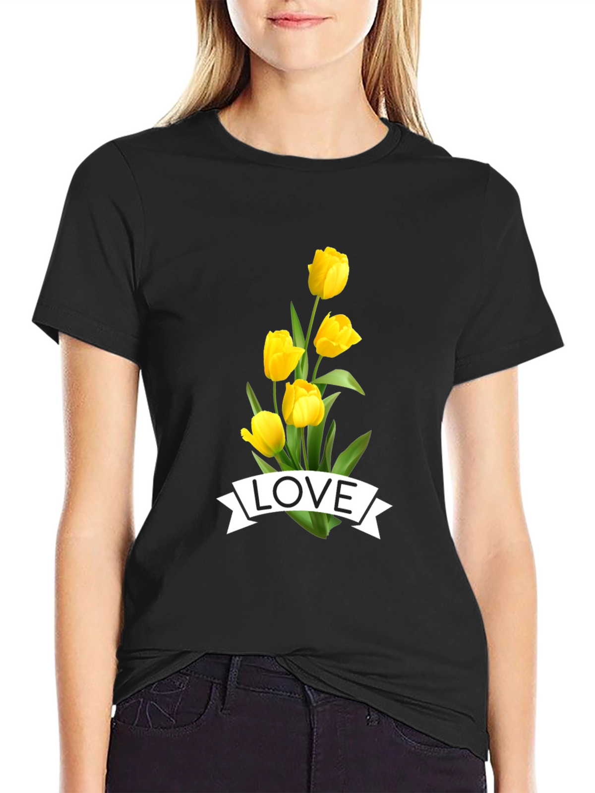Love Tulips Graphic Tee - Black Cotton T-Shirt