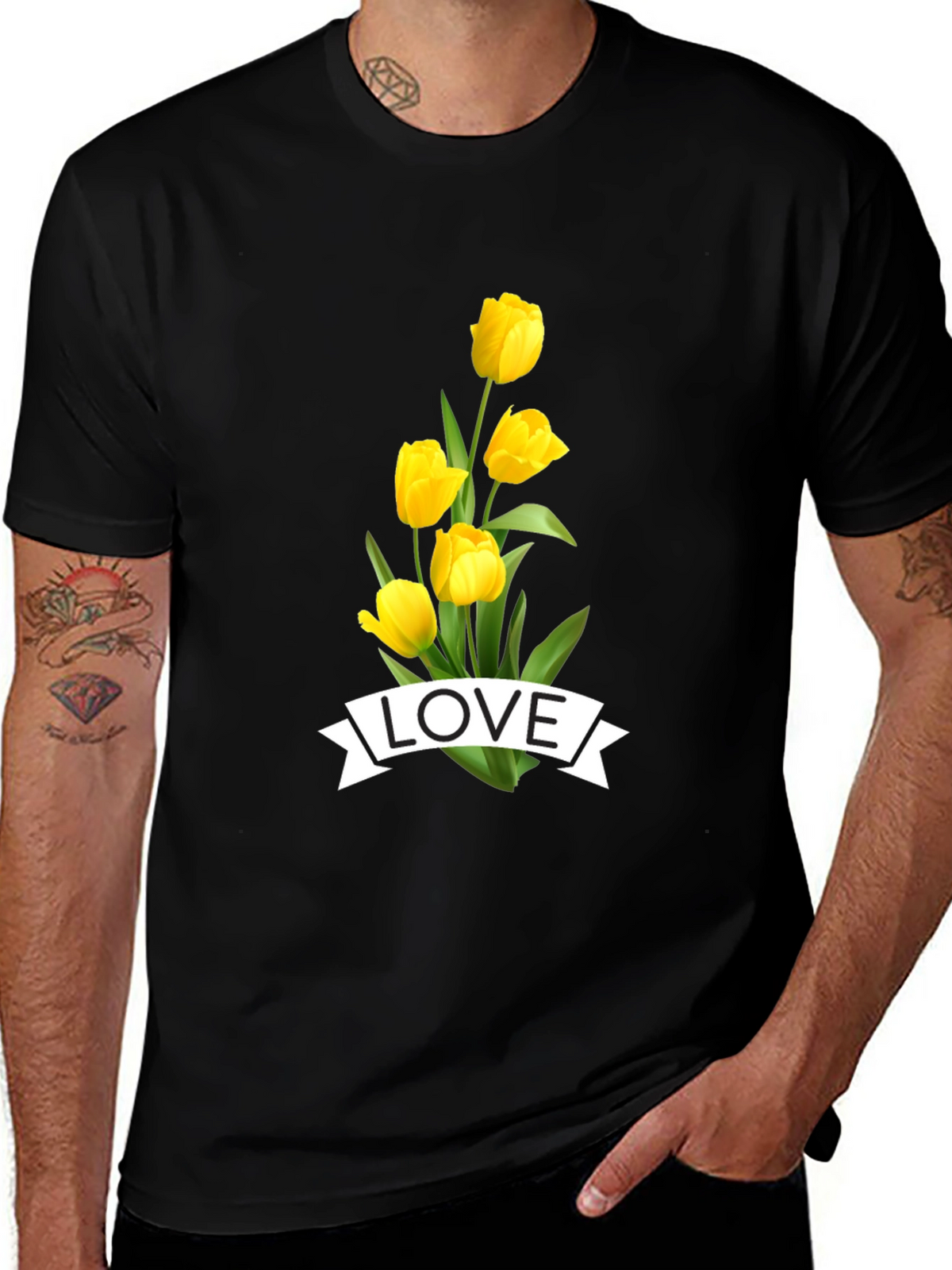 Love Tulips Graphic Tee - Black Cotton T-Shirt