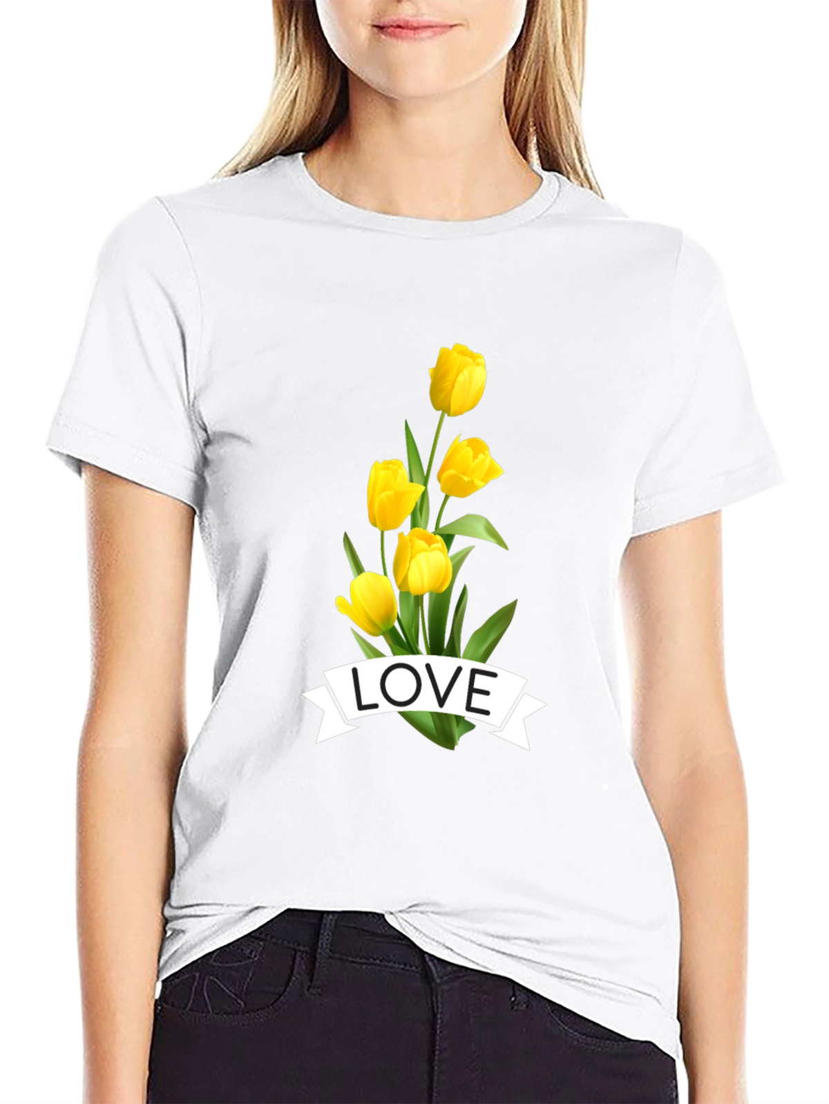 Love Tulips Graphic Tee - Black Cotton T-Shirt