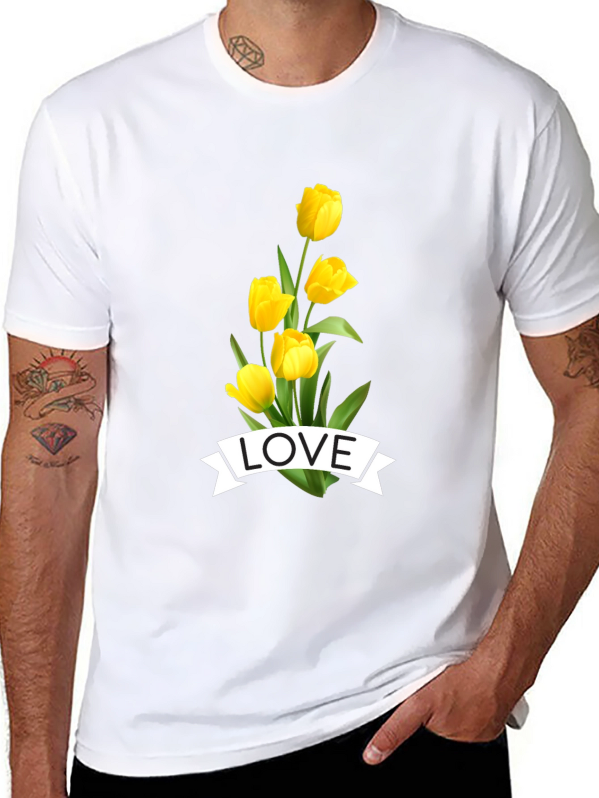 Love Tulips Graphic Tee - Black Cotton T-Shirt