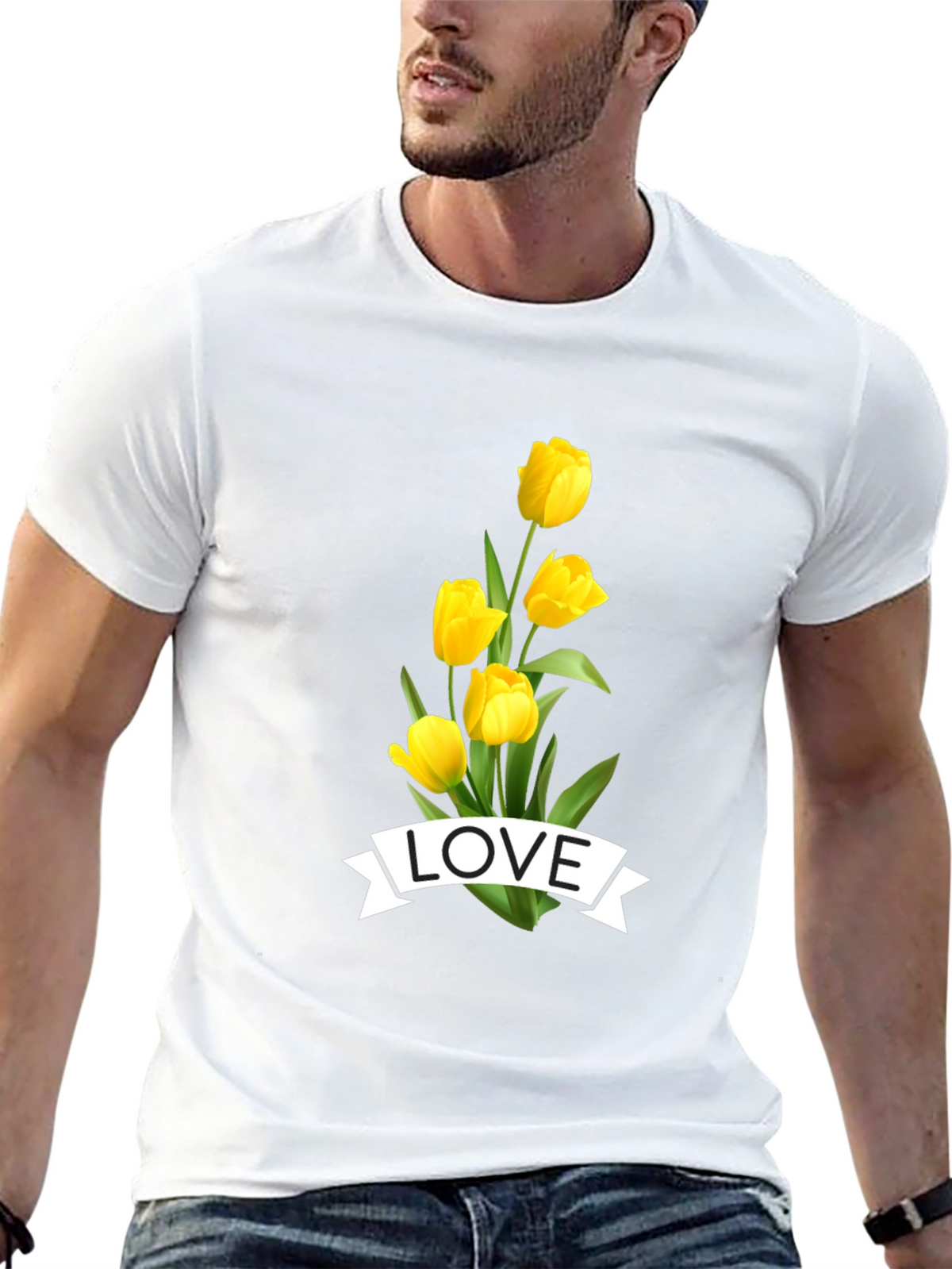 Love Tulips Graphic Tee - Black Cotton T-Shirt