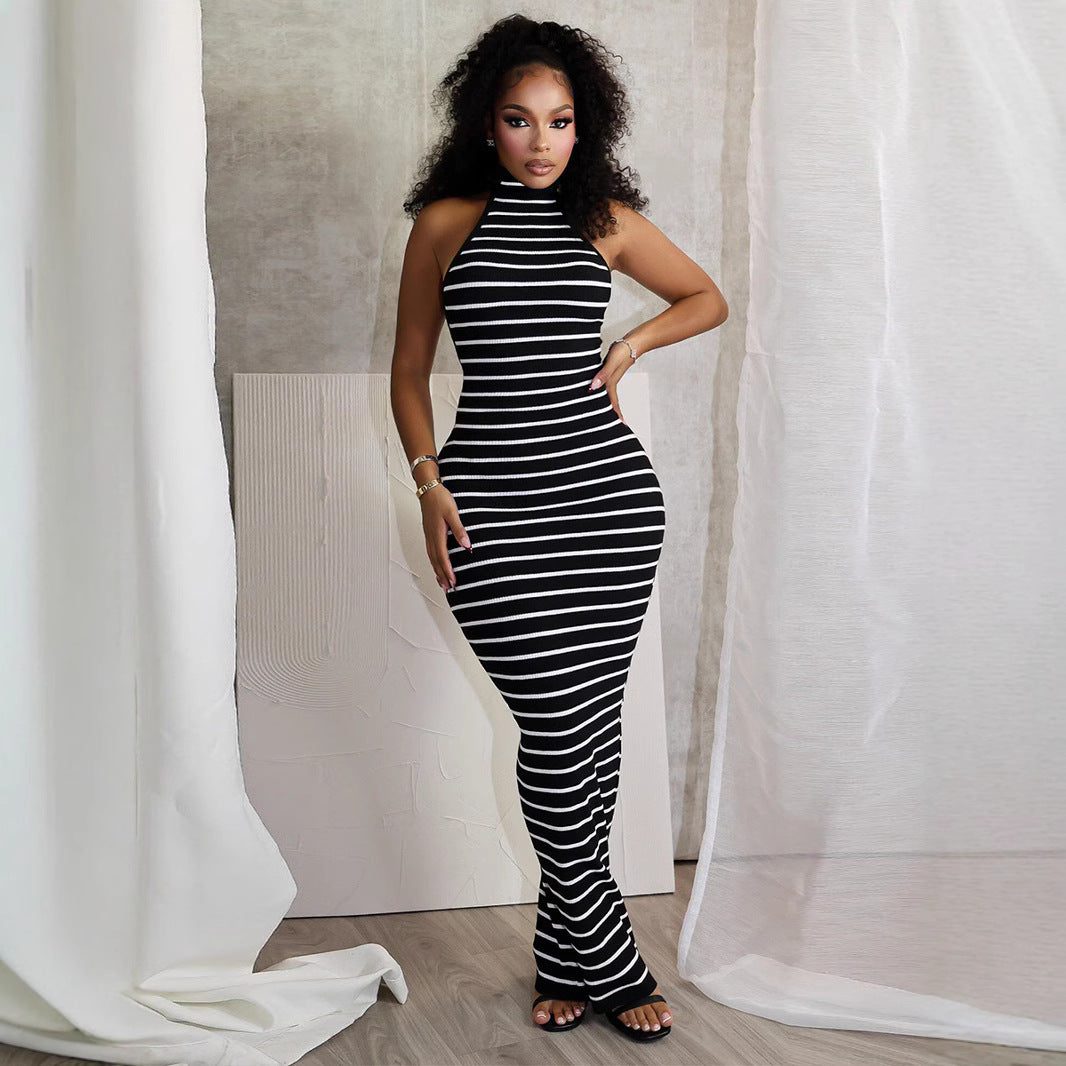 Women's Sexy Stripe Sleeveless Backless Lace-Up Slim Fit Maxi Dress