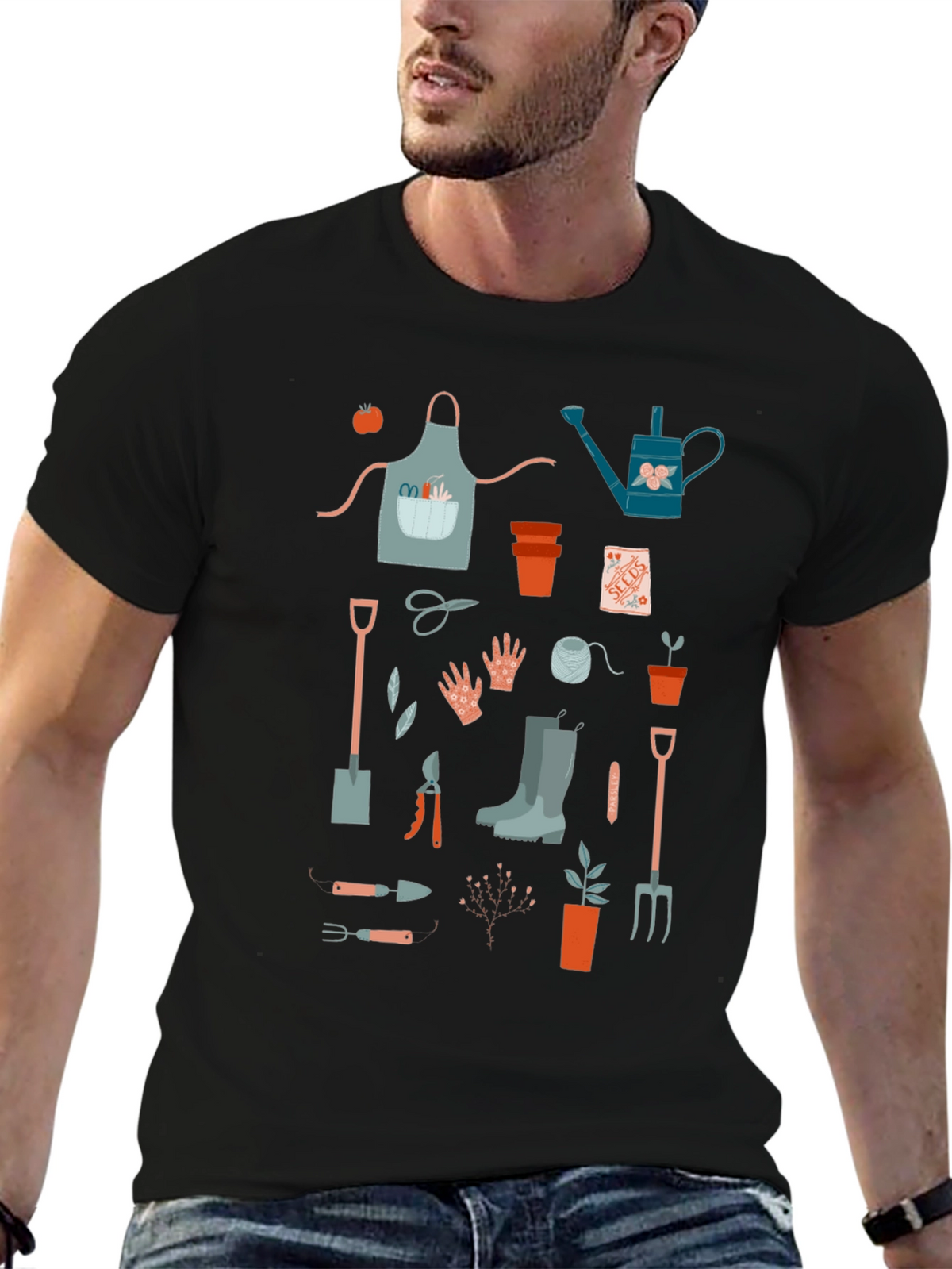 Gardening Tools Graphic Tee - Black Cotton T-Shirt