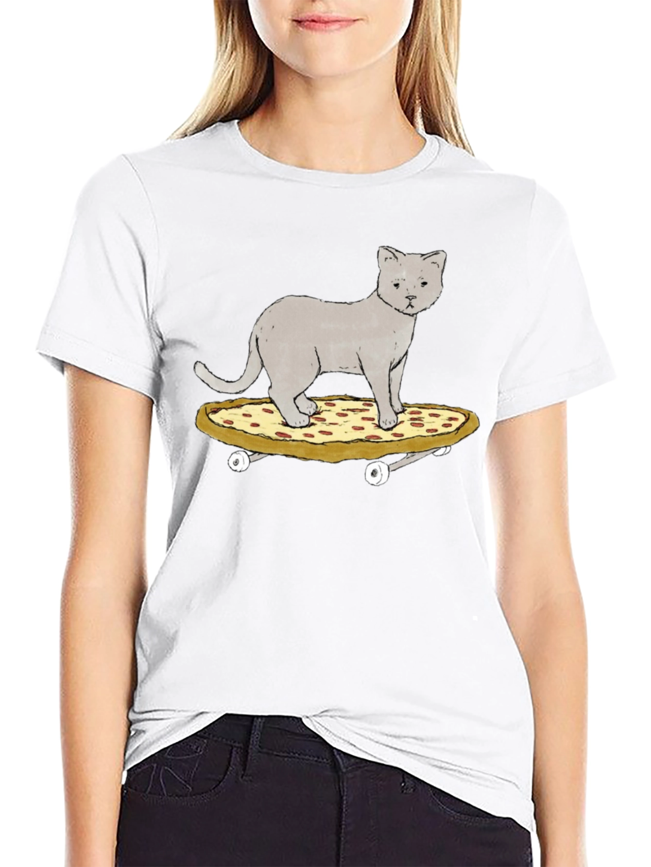 Cat Riding Pizza Skateboard T-Shirt