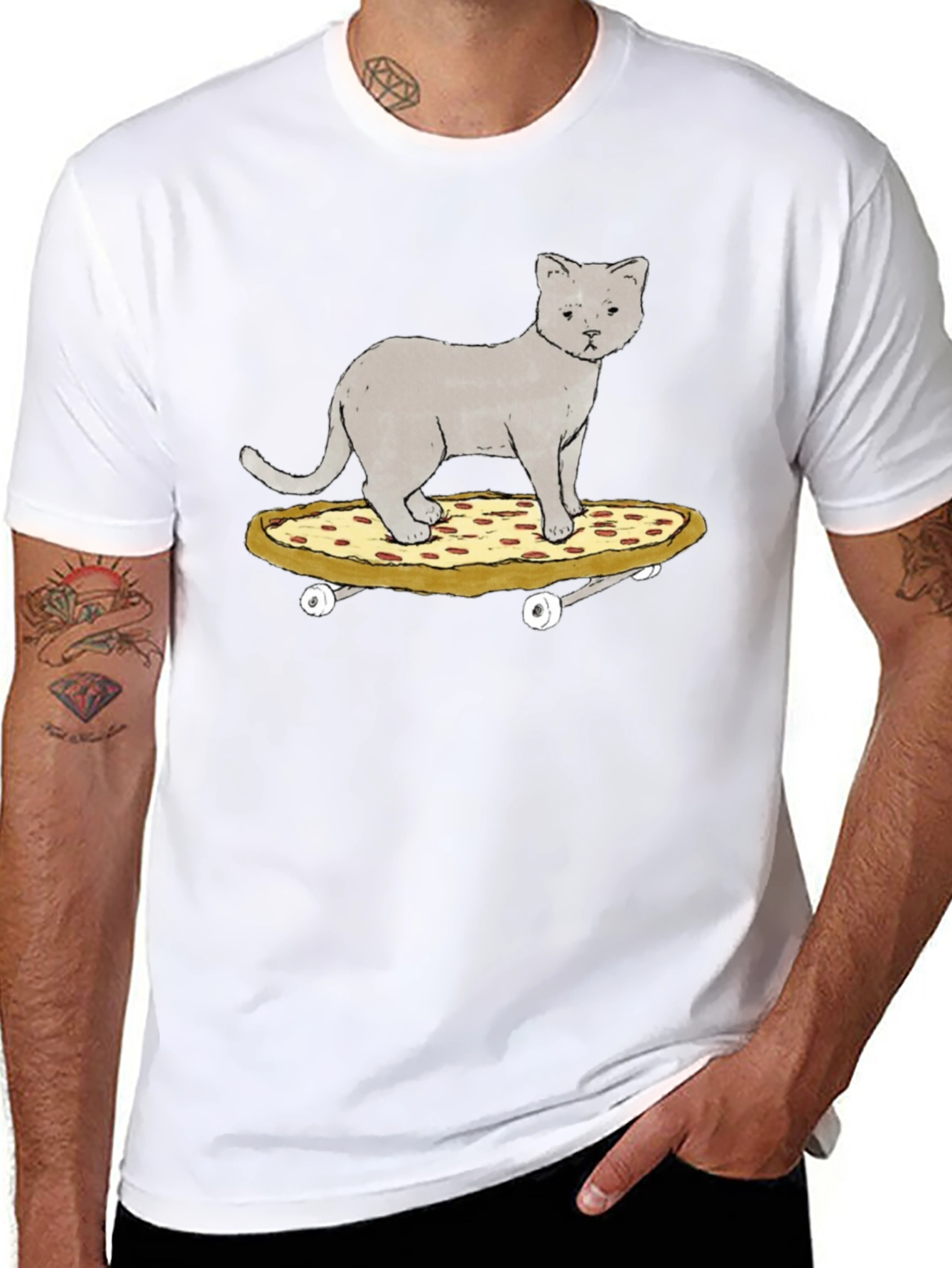 Cat Riding Pizza Skateboard T-Shirt