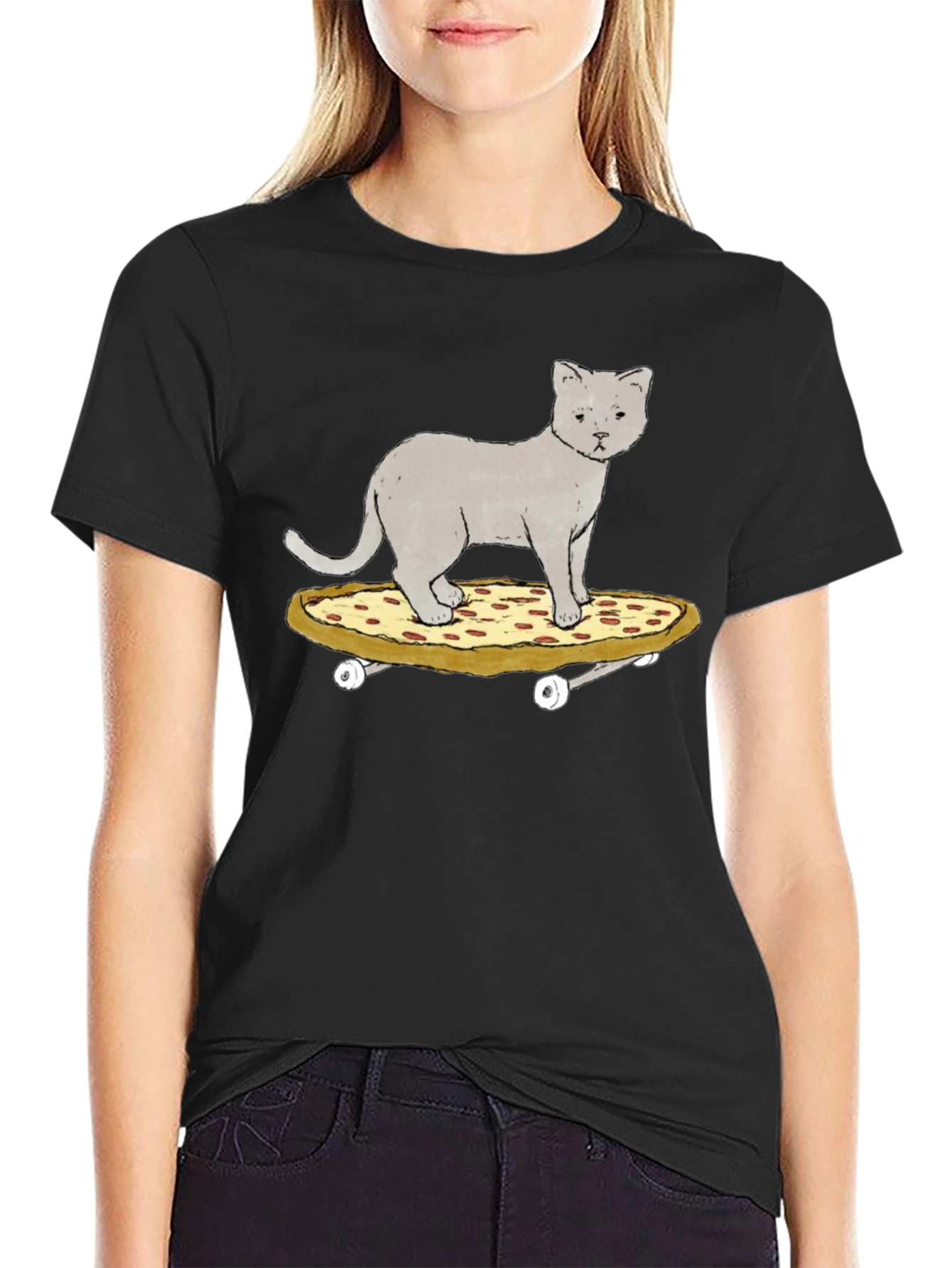Cat Riding Pizza Skateboard T-Shirt