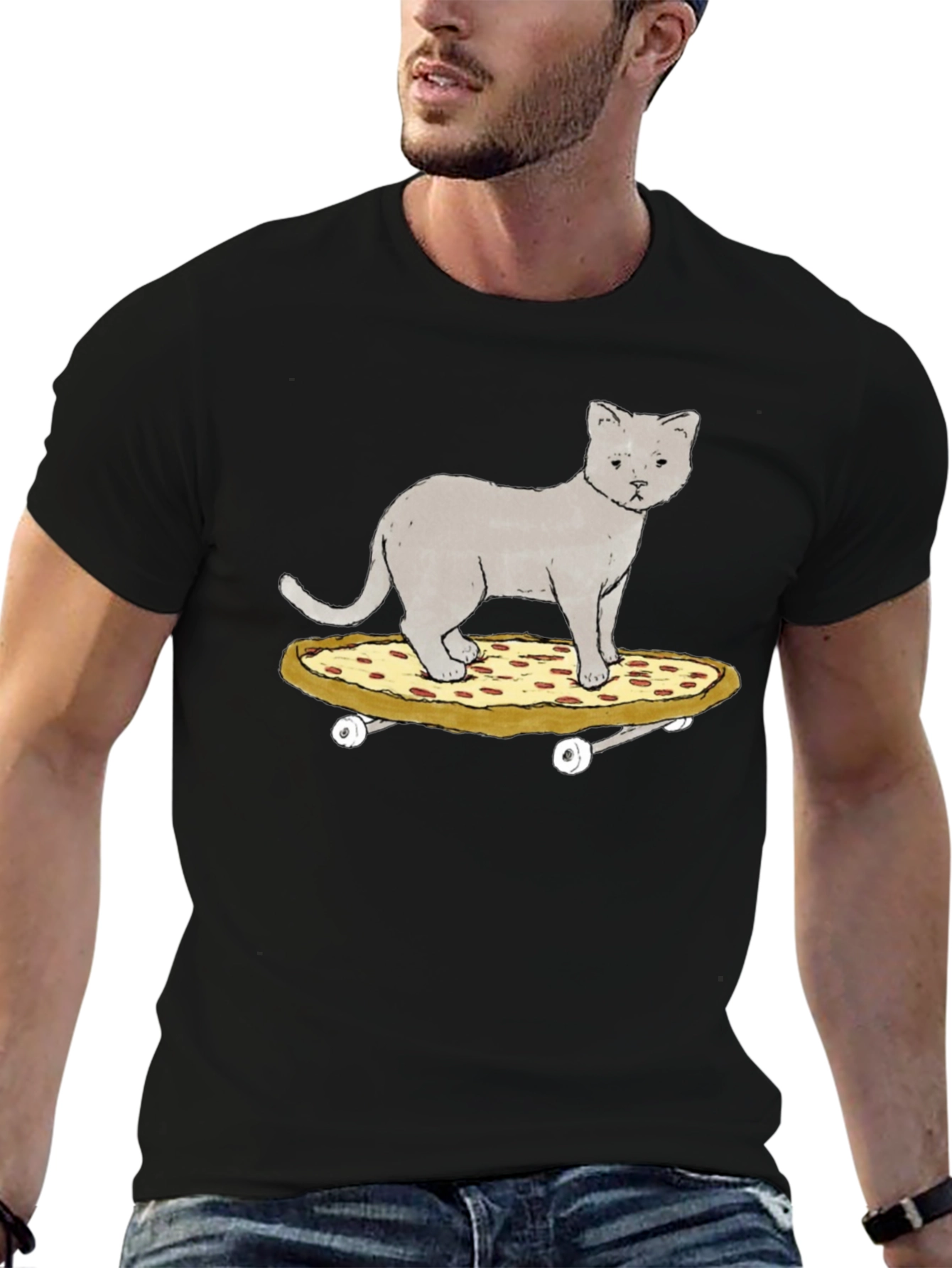 Cat Riding Pizza Skateboard T-Shirt