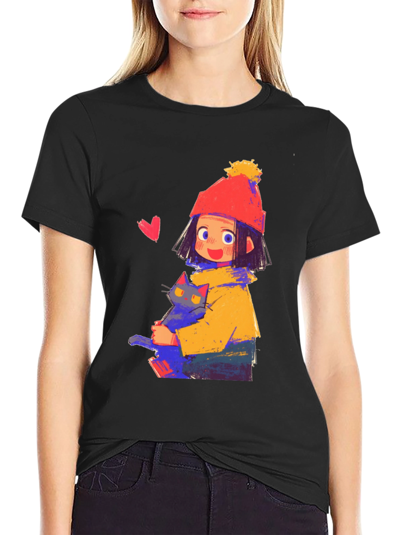 Cute Girl with Cat Graphic Tee