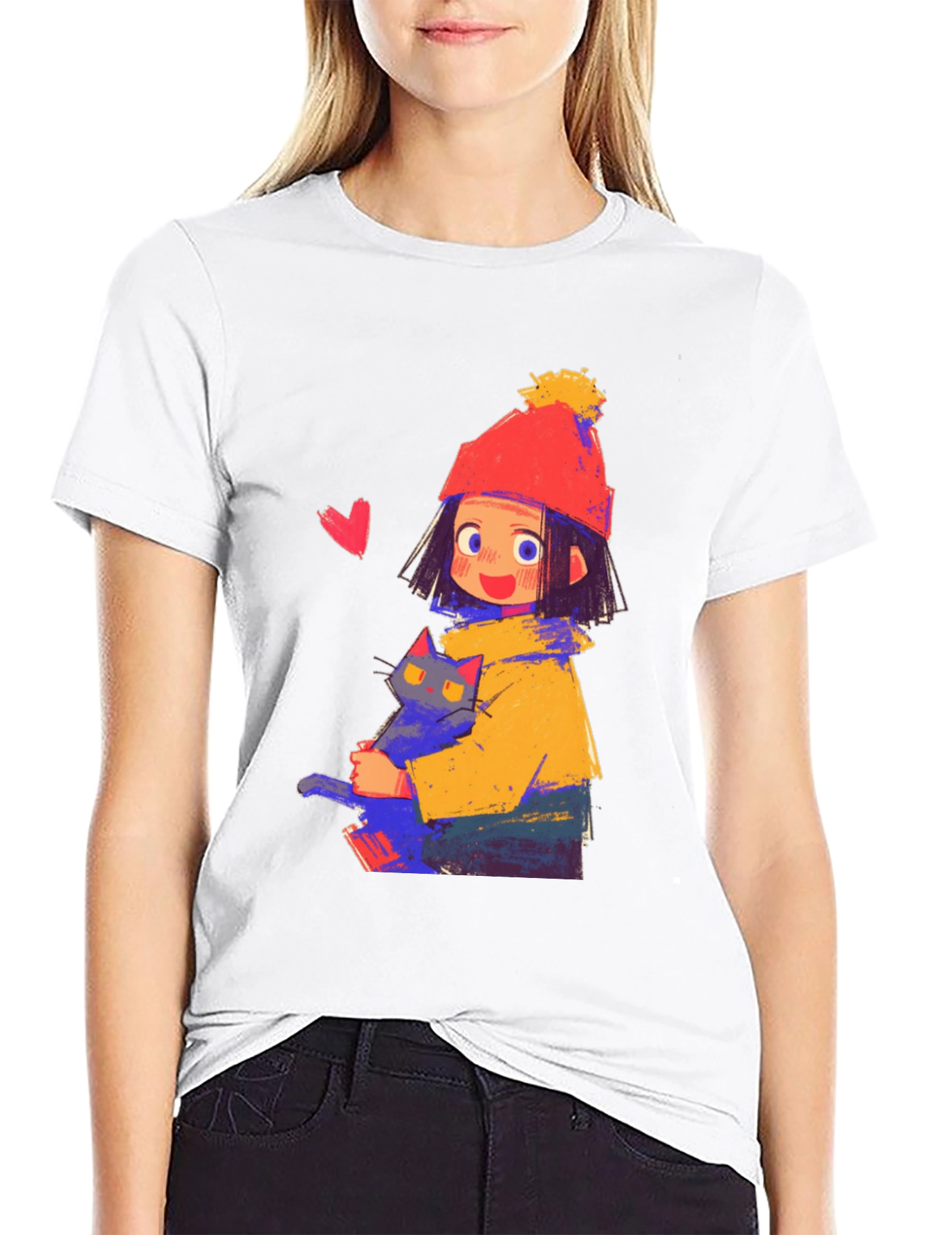Cute Girl with Cat Graphic Tee