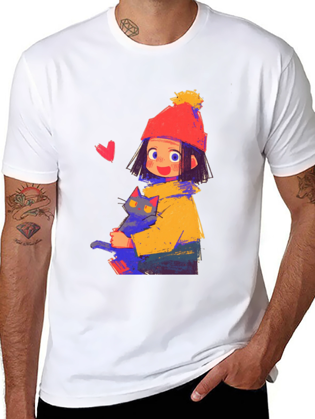 Cute Girl with Cat Graphic Tee