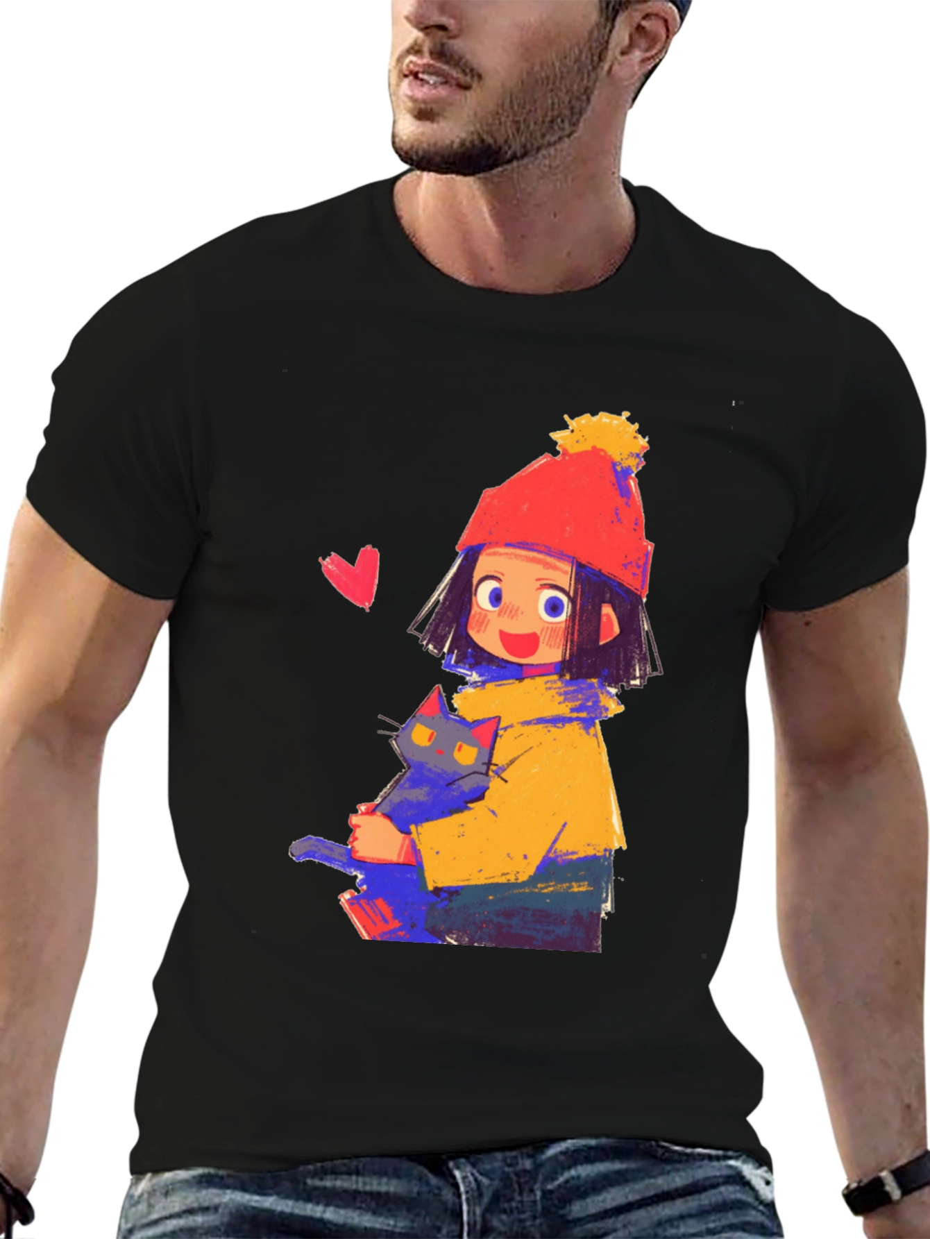 Cute Girl with Cat Graphic Tee